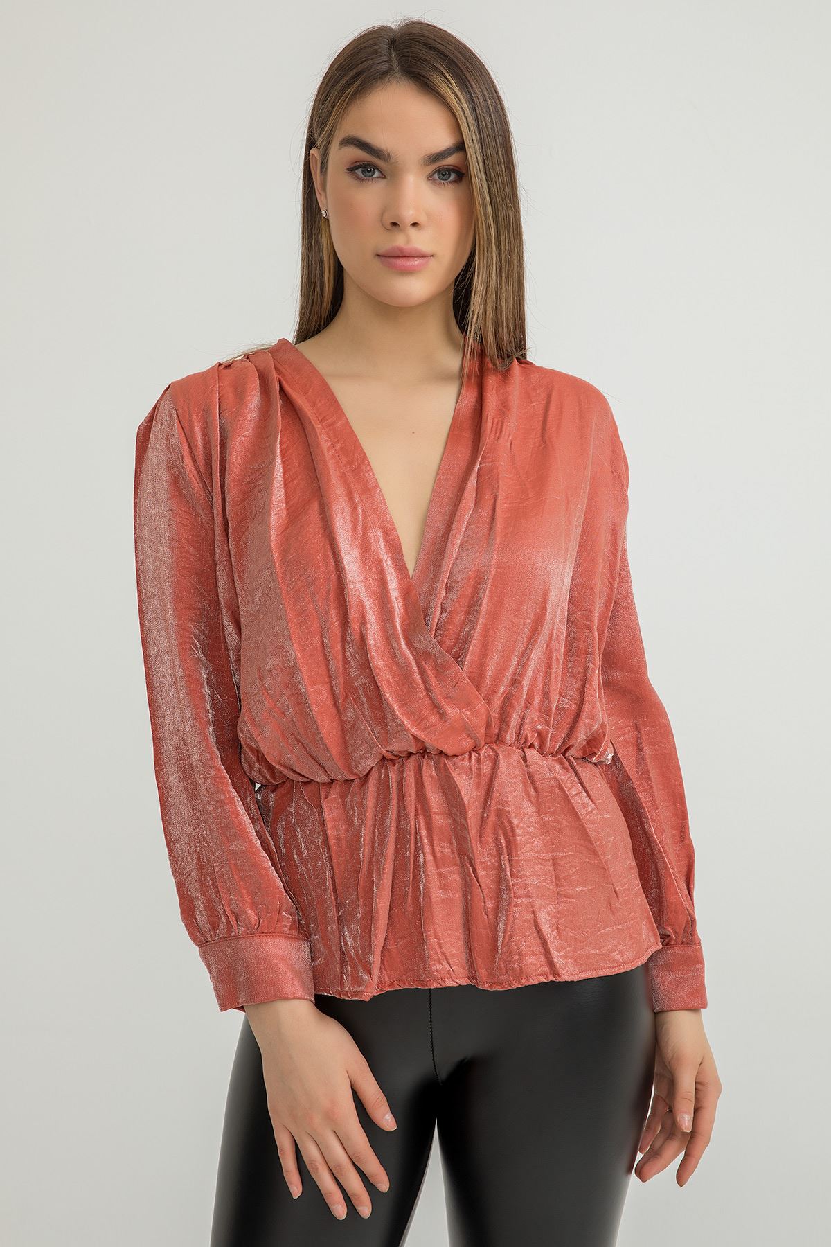 Omuzu Gipeli Parlak Bluz-Kiremit