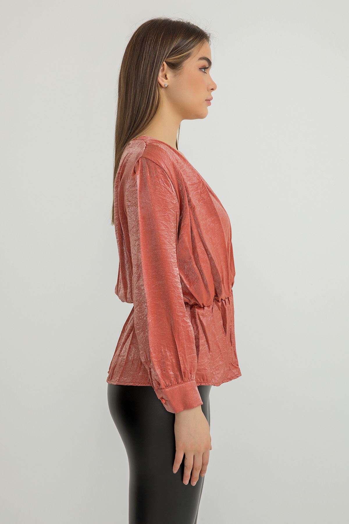 Omuzu Gipeli Parlak Bluz-Kiremit