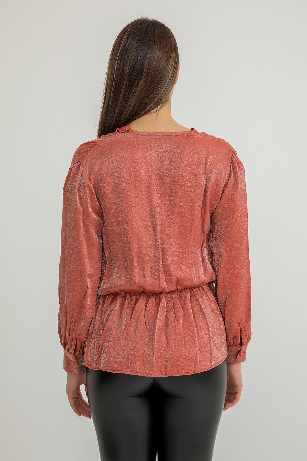 Omuzu Gipeli Parlak Bluz-Kiremit