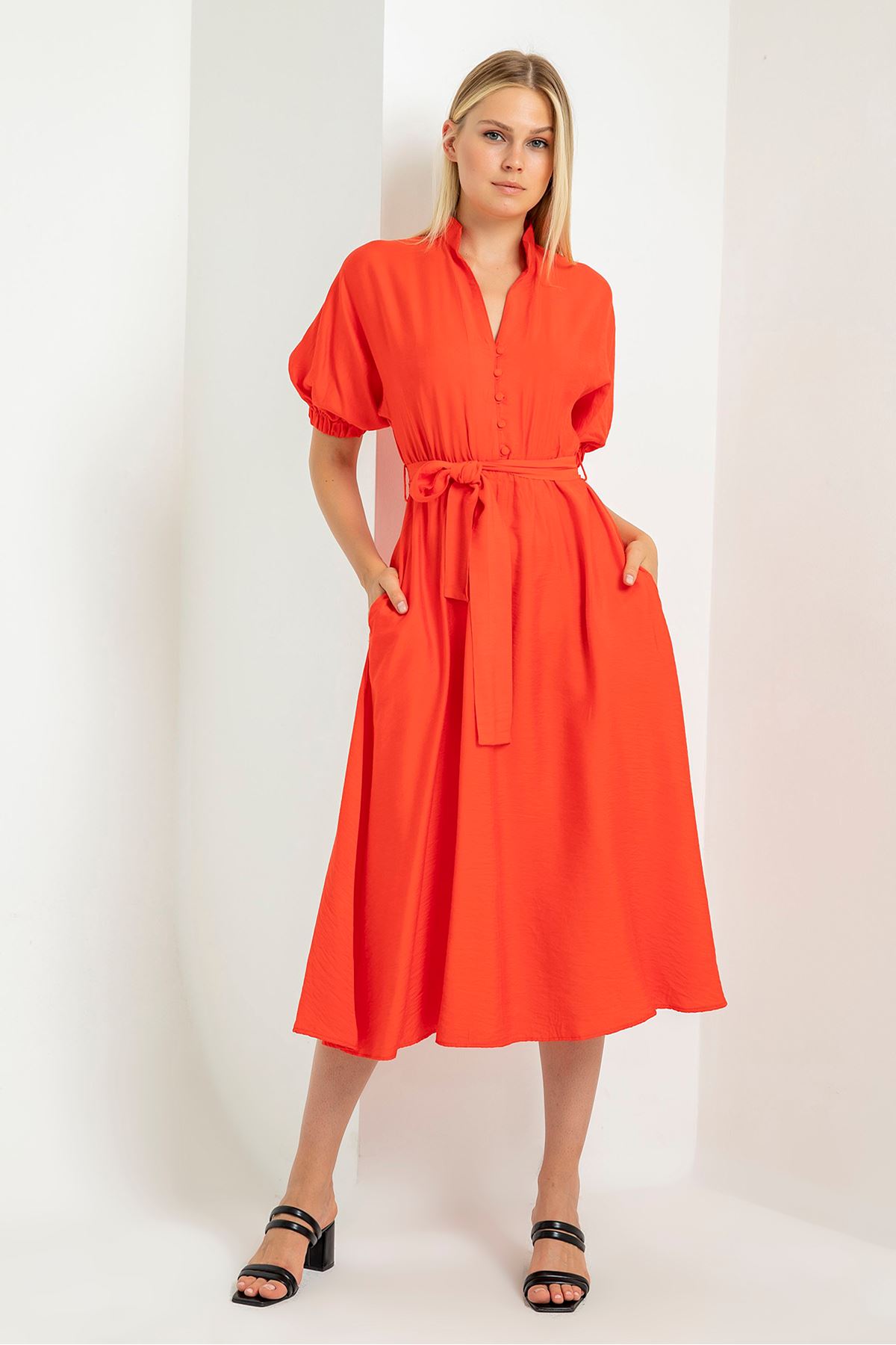 Kabarık Kollu Uzun Elbise-Nar Çiçeği