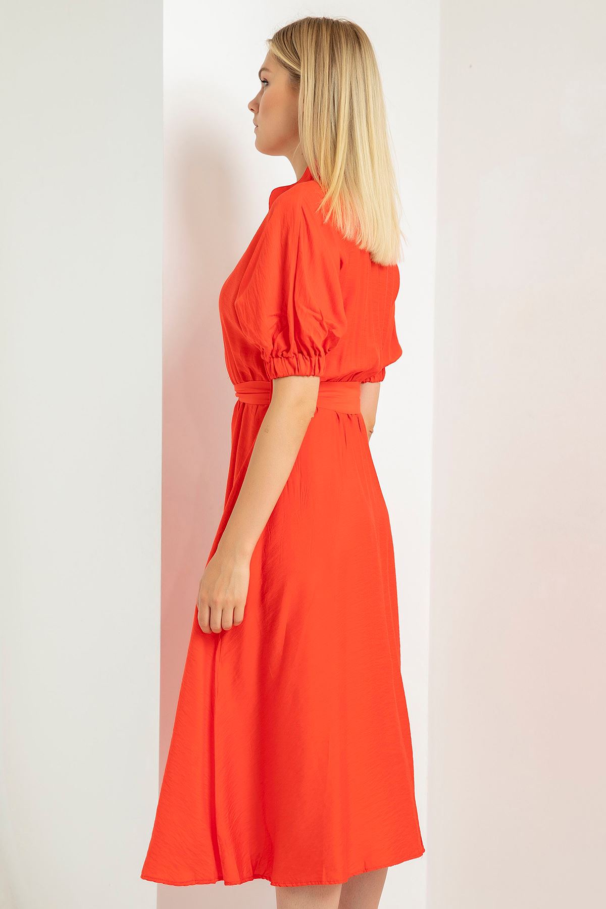 Kabarık Kollu Uzun Elbise-Nar Çiçeği