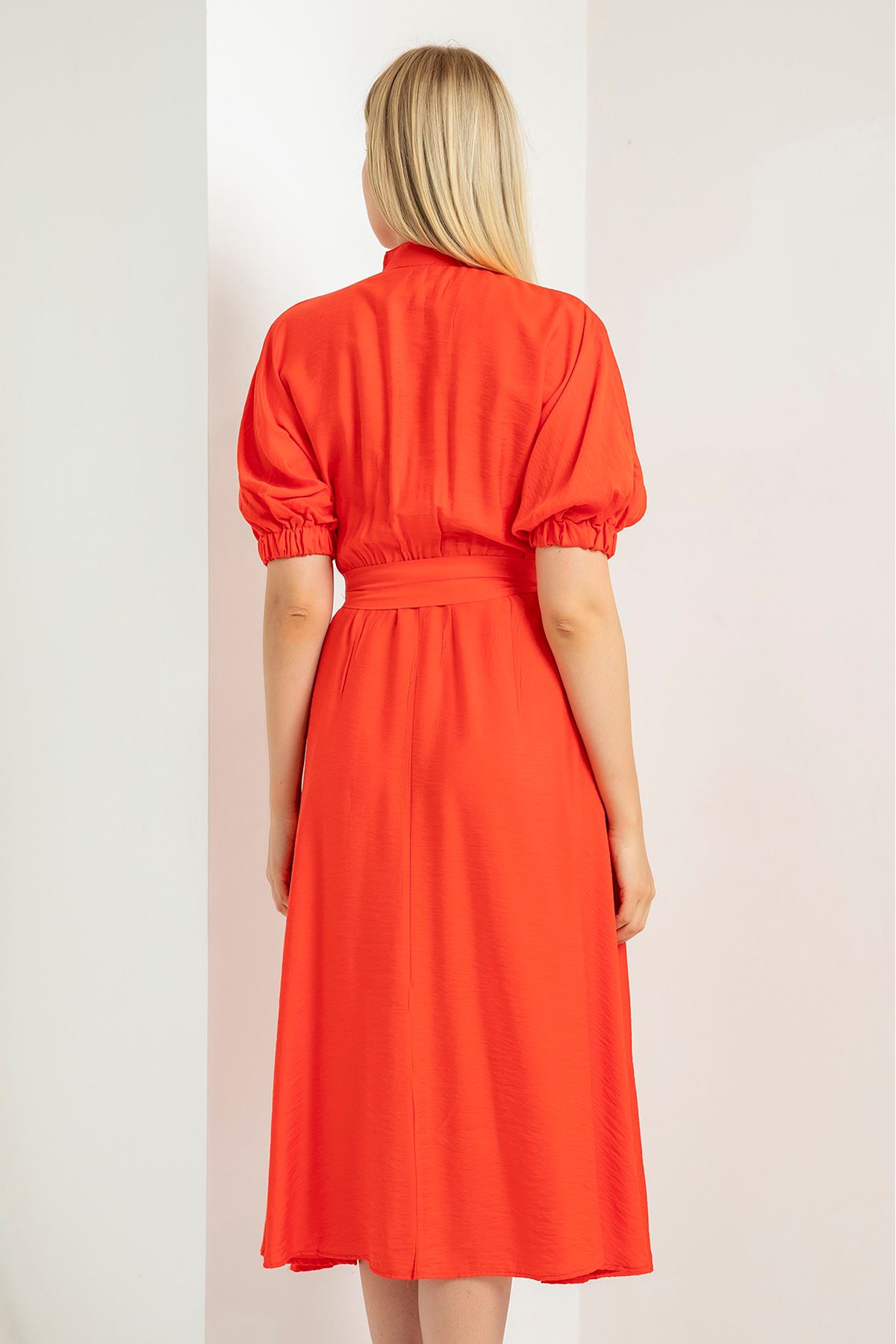 Kabarık Kollu Uzun Elbise-Nar Çiçeği