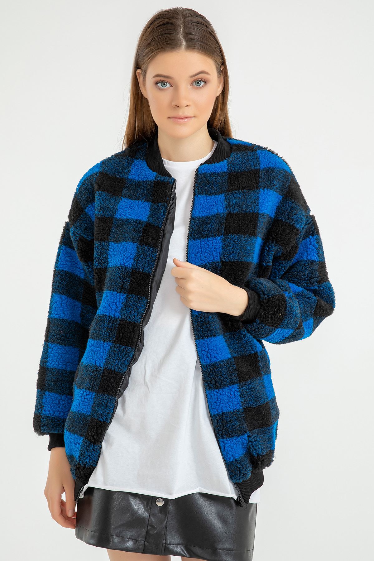 Dama Desen Peluş Bomber Ceket-Saks