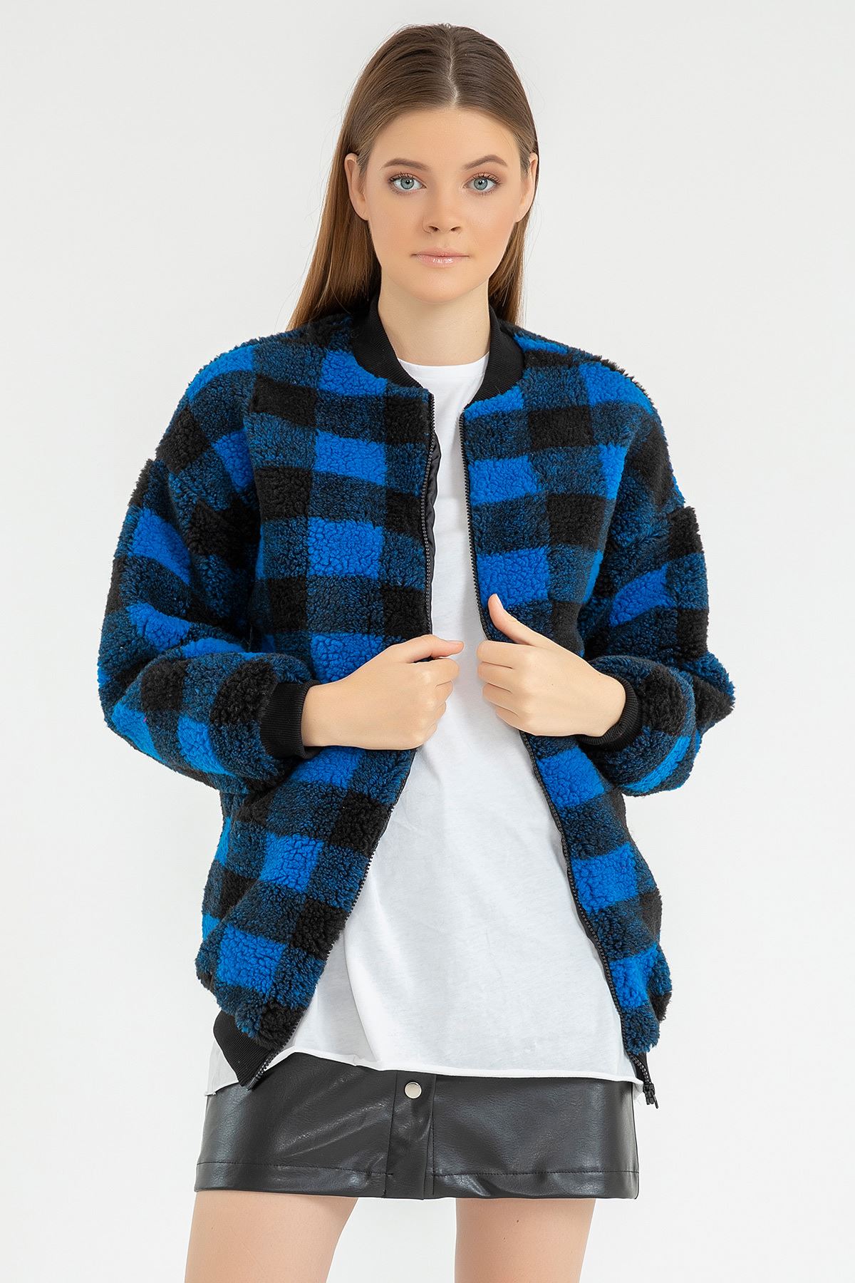 Dama Desen Peluş Bomber Ceket-Saks
