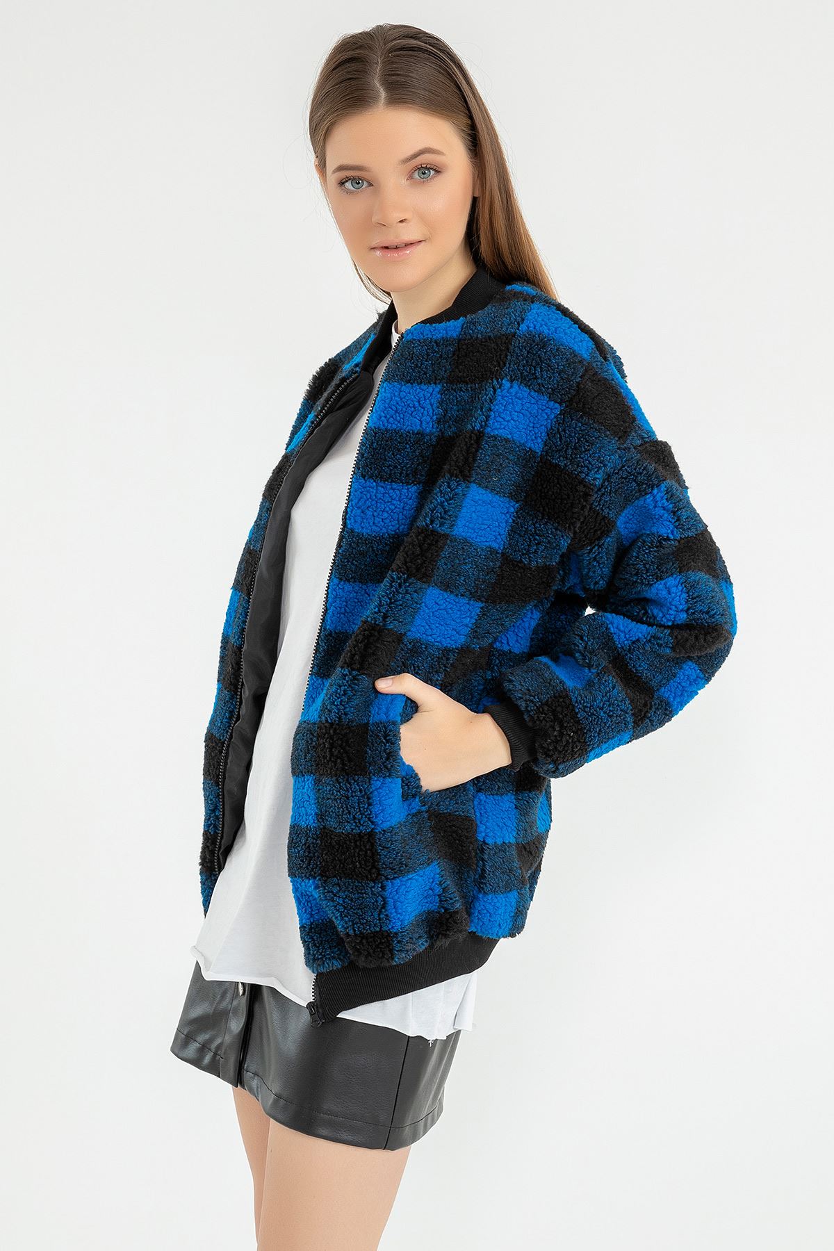 Dama Desen Peluş Bomber Ceket-Saks
