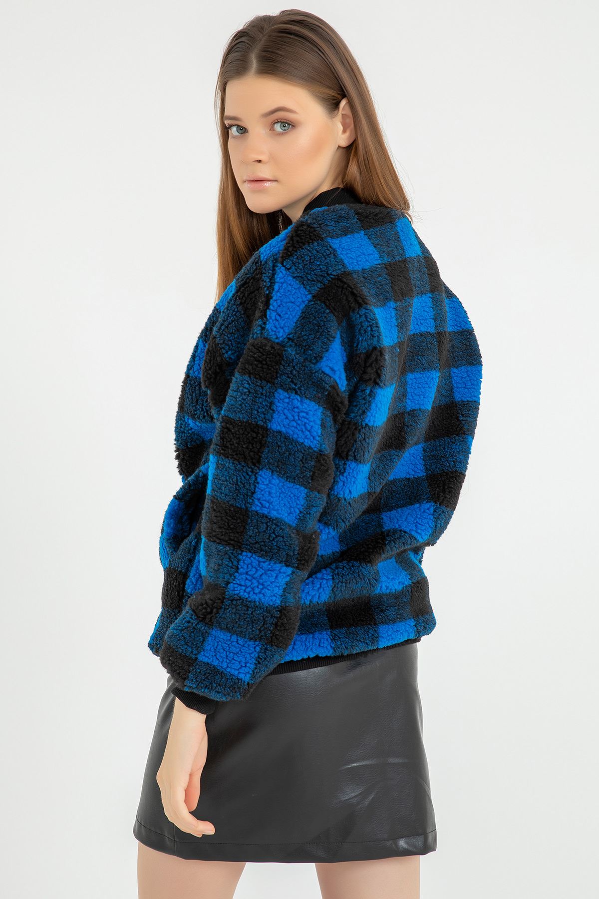 Dama Desen Peluş Bomber Ceket-Saks