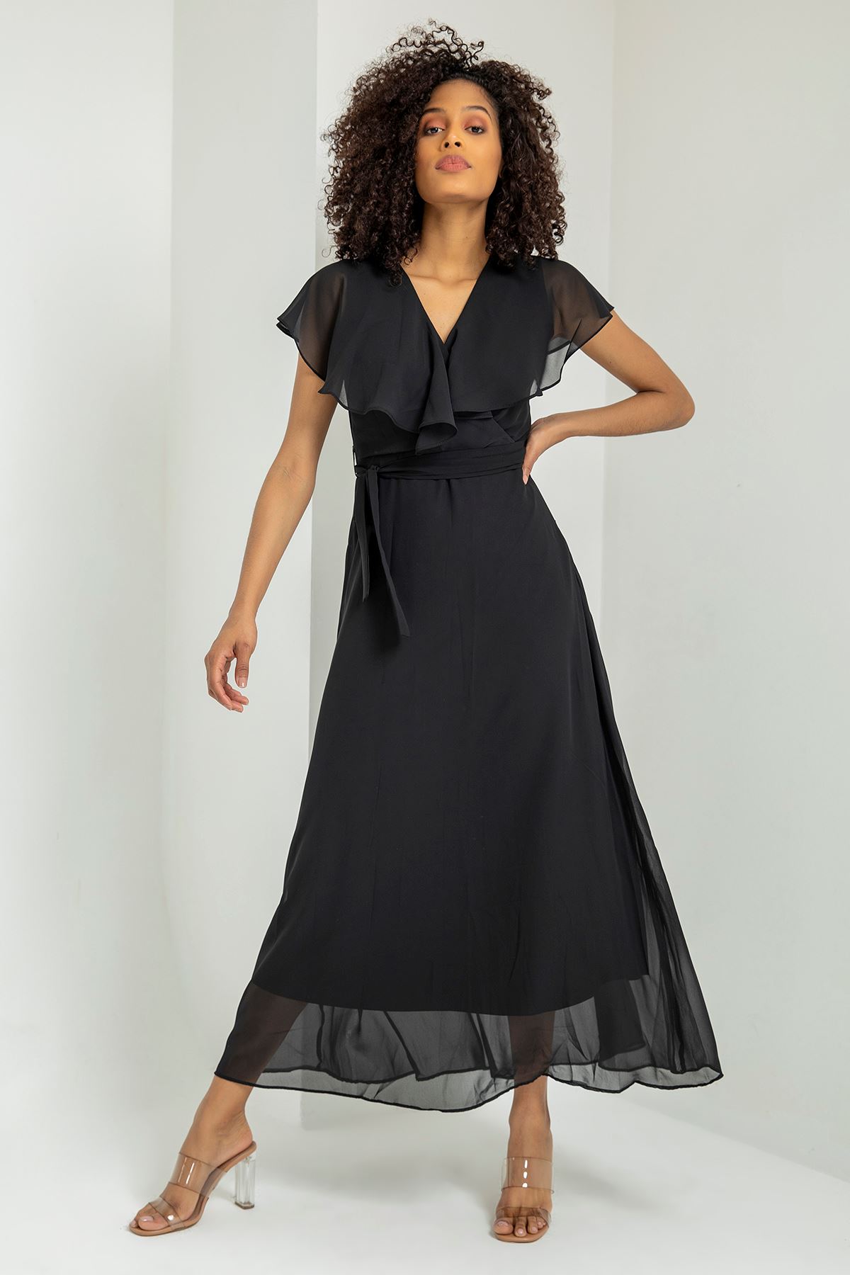 Kuşaklı Uzun Şifon Elbise-Siyah