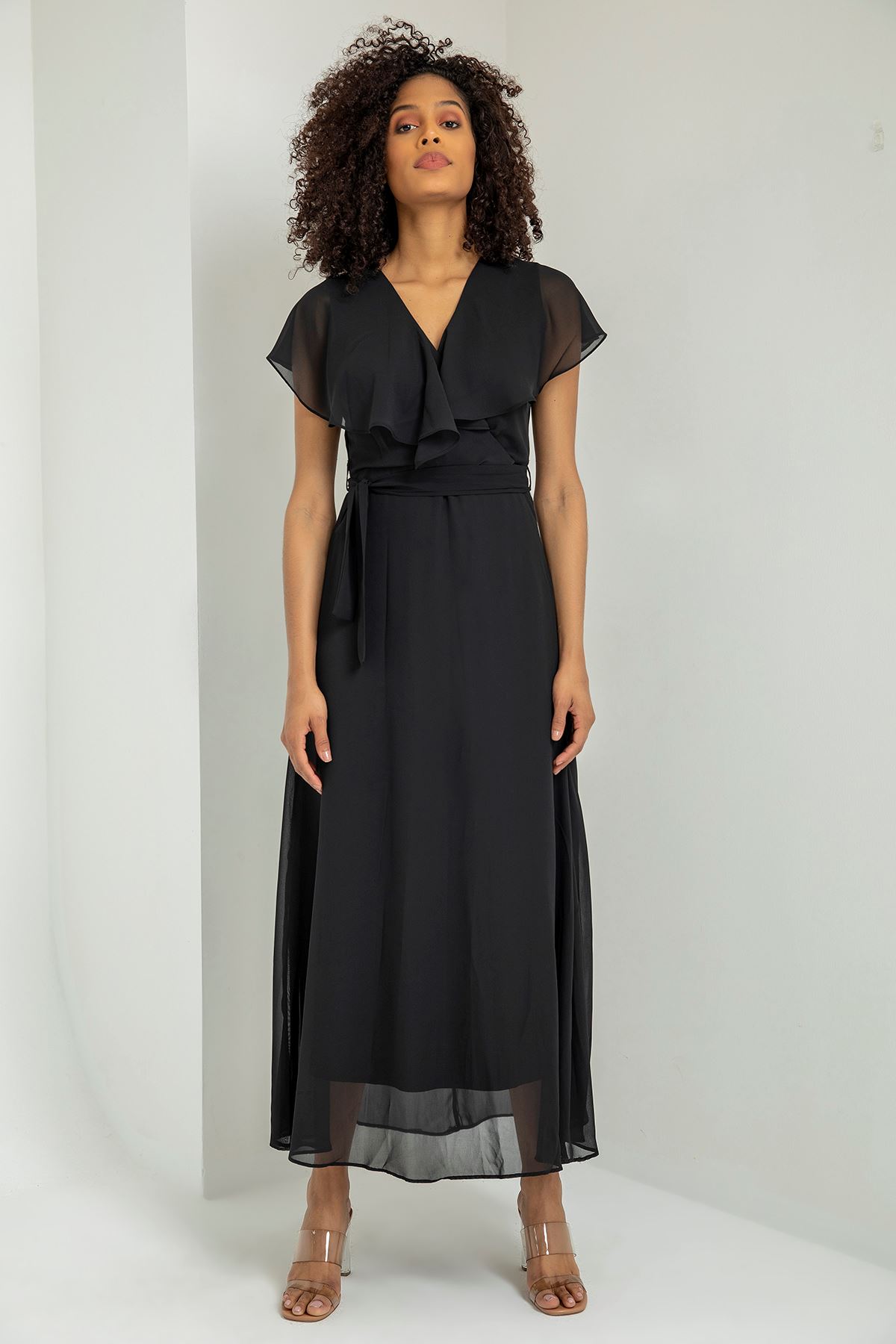 Kuşaklı Uzun Şifon Elbise-Siyah