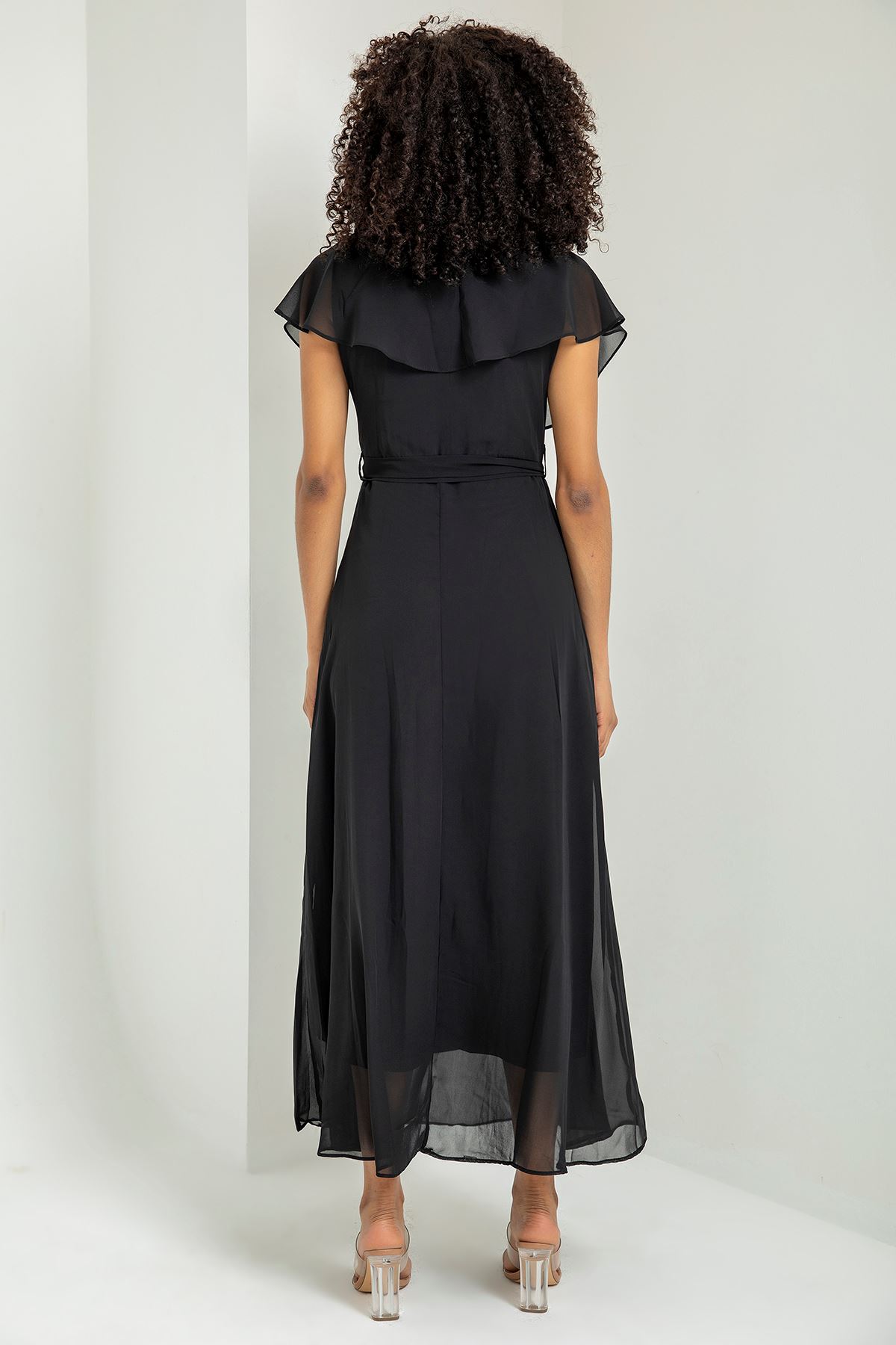 Kuşaklı Uzun Şifon Elbise-Siyah
