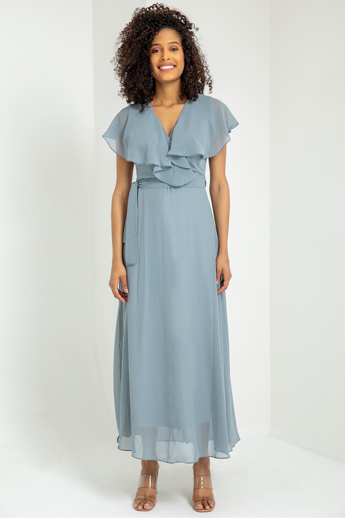 Kuşaklı Uzun Şifon Elbise-Gri