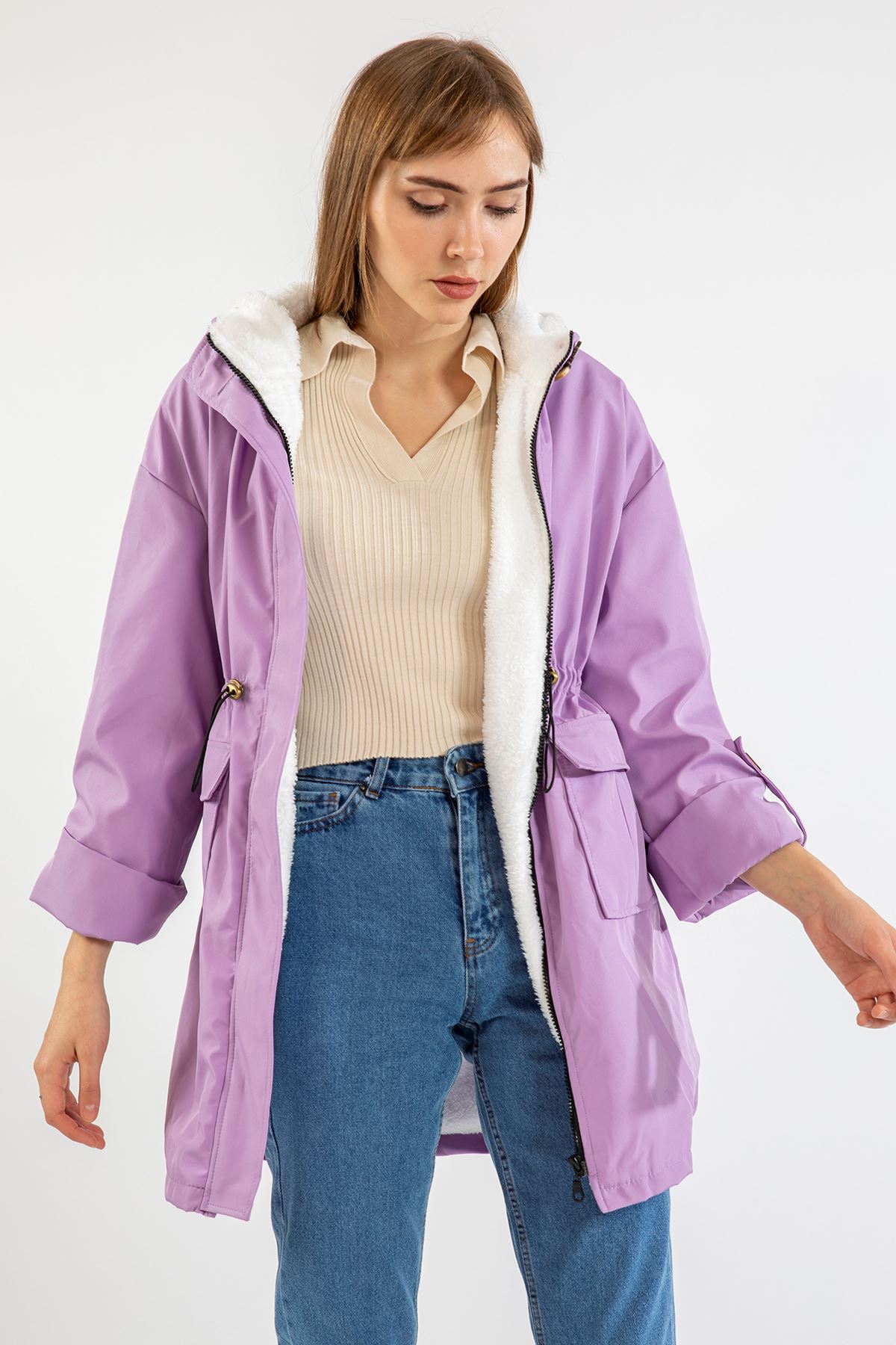 İçi Peluşlu Yağmurluk-Lila