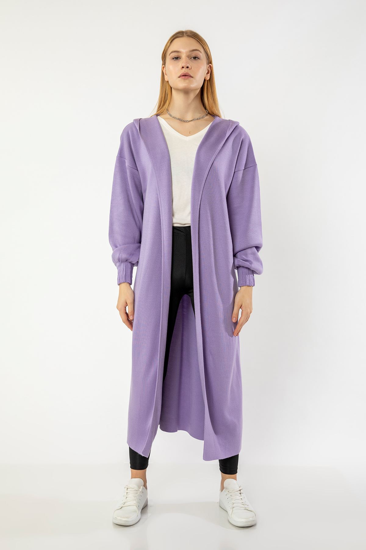 Uzun Kapşonlu Hırka-Lila