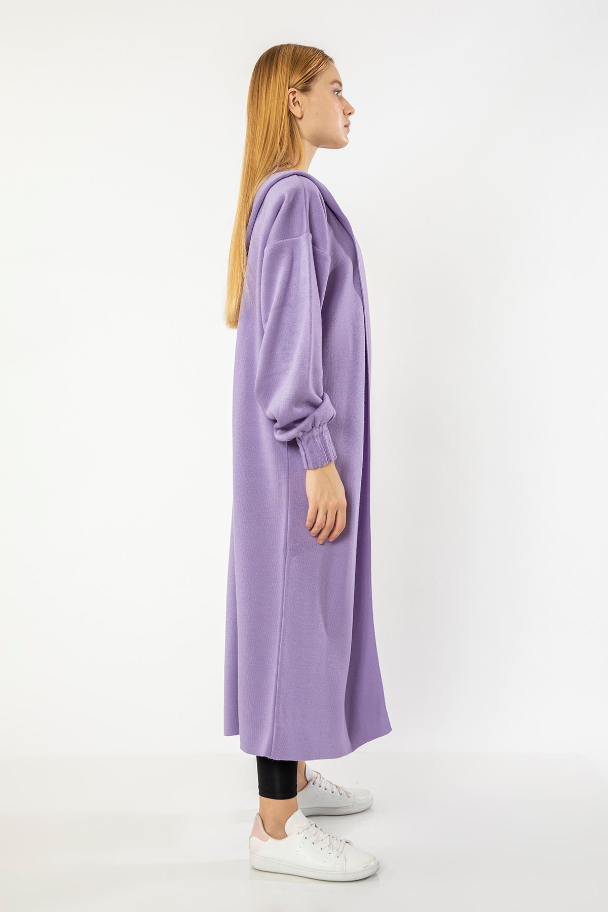 Uzun Kapşonlu Hırka-Lila