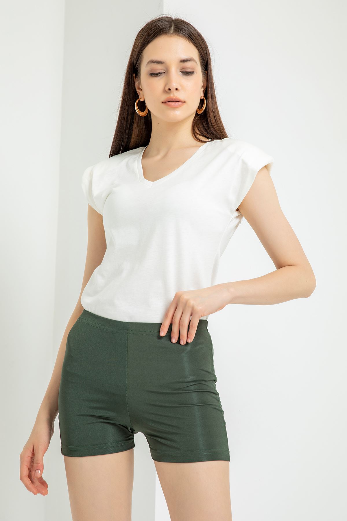 Parlak Kısa Şort Tayt-Haki