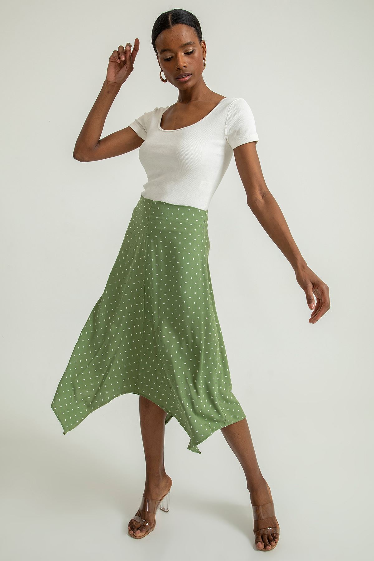 Puantiye Desen Asimetrik Etek-Haki