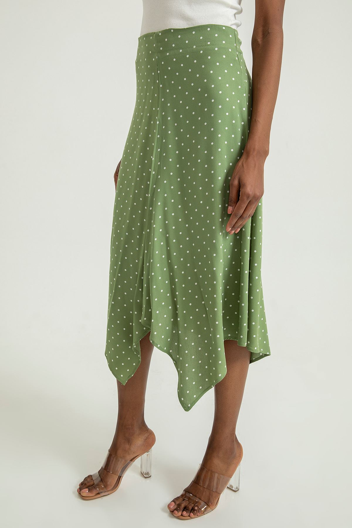 Puantiye Desen Asimetrik Etek-Haki