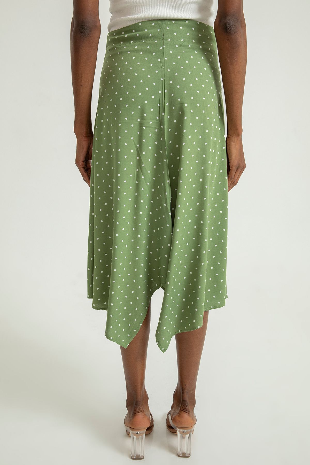 Puantiye Desen Asimetrik Etek-Haki