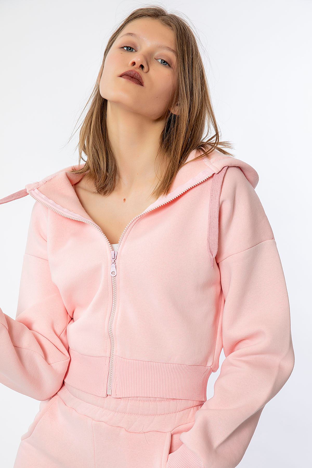 Fermuarlı Sweatshirt Takım-Pudra