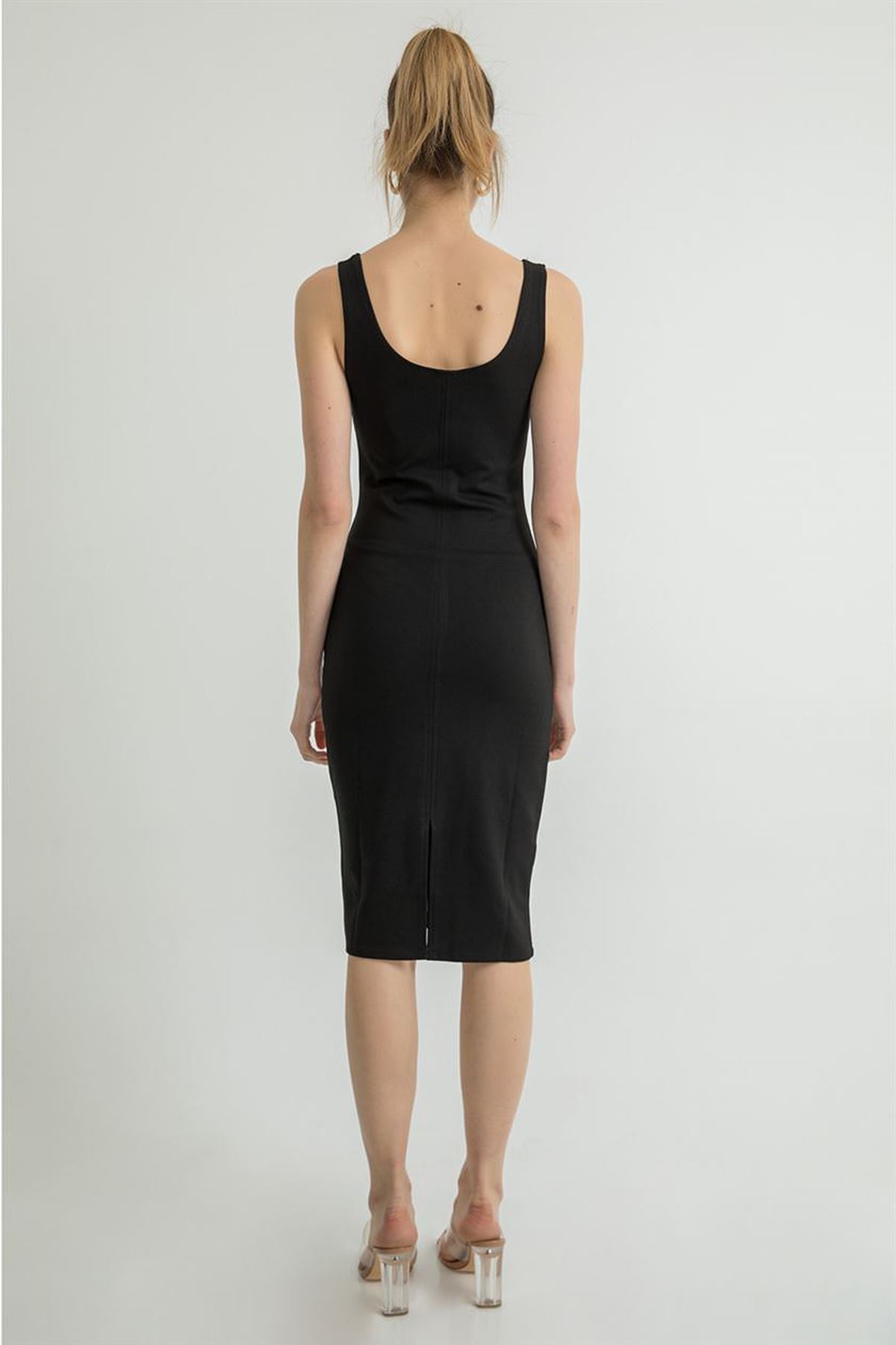 Kalın Askılı Kalem Elbise-Siyah