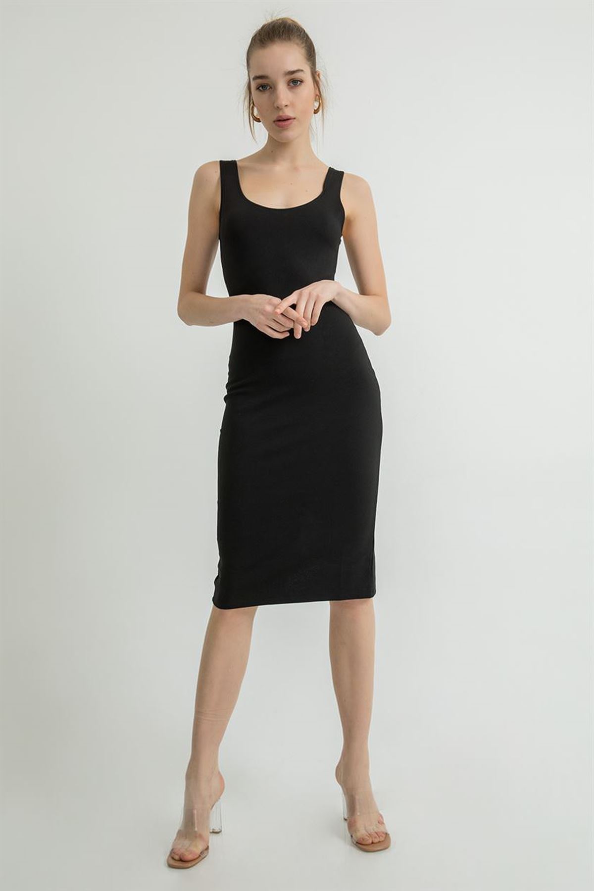 Kalın Askılı Kalem Elbise-Siyah