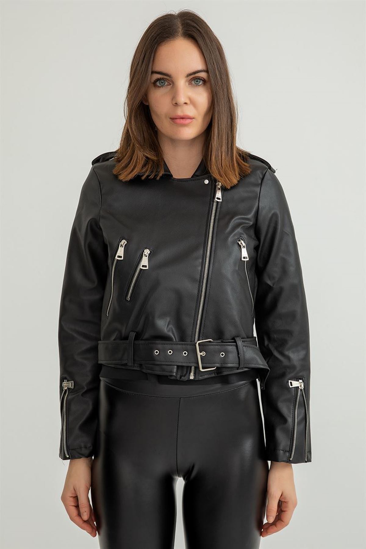 Kemerli Deri Ceket-Siyah