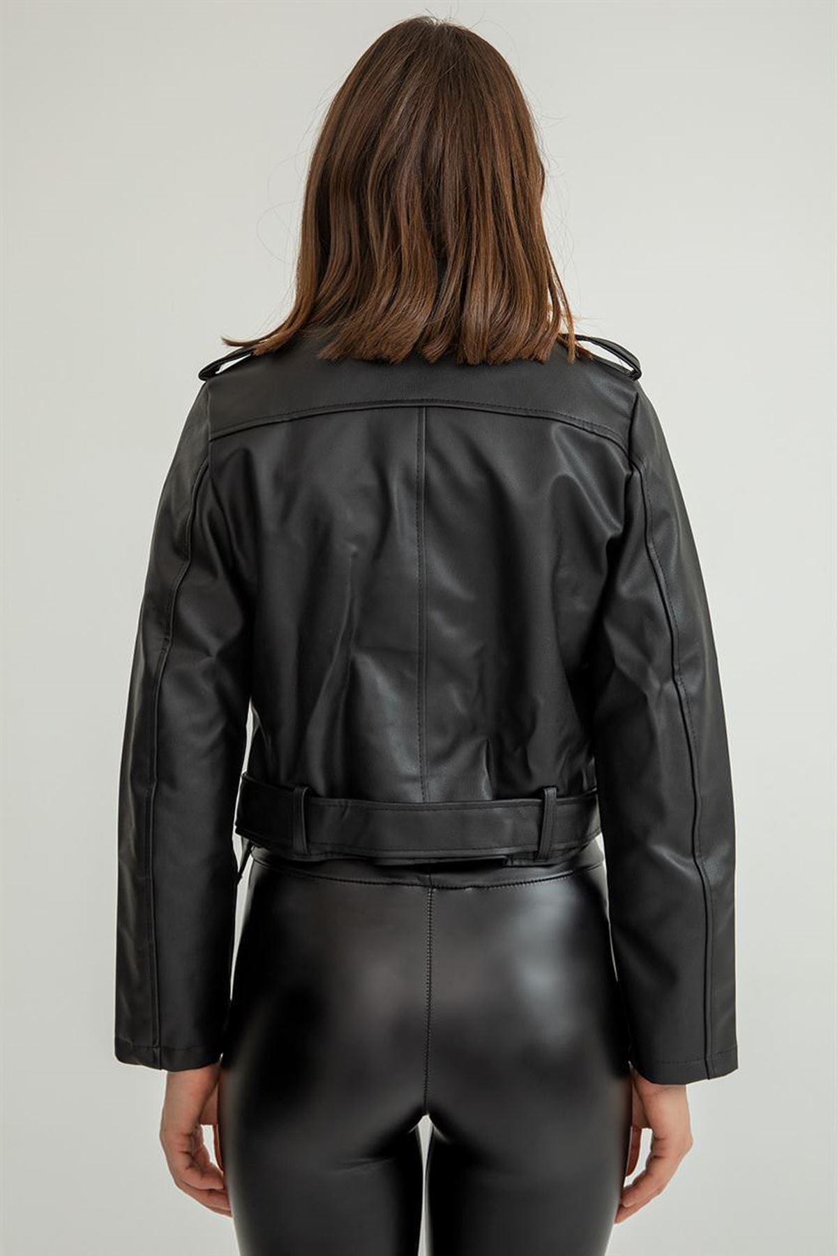 Kemerli Deri Ceket-Siyah