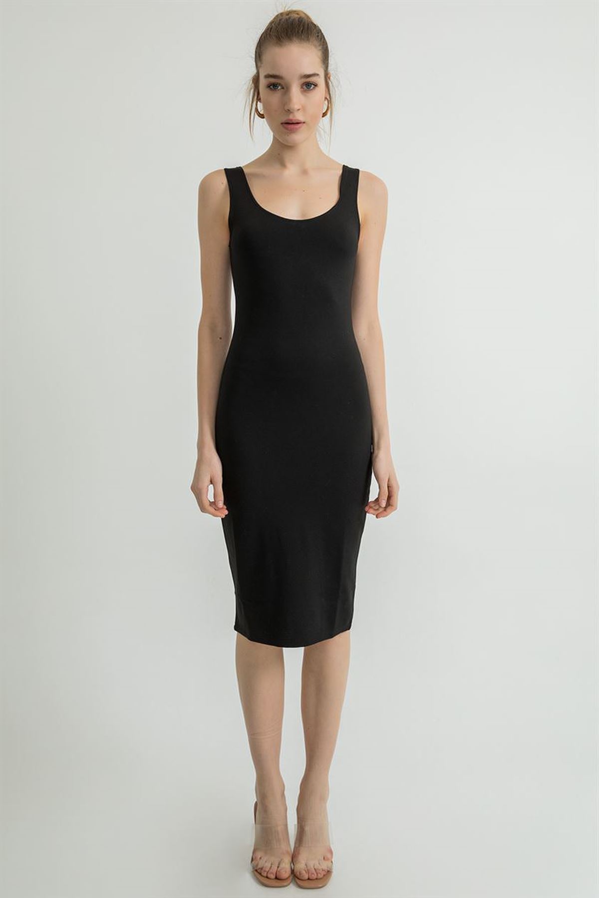 Kalın Askılı Kalem Elbise-Siyah