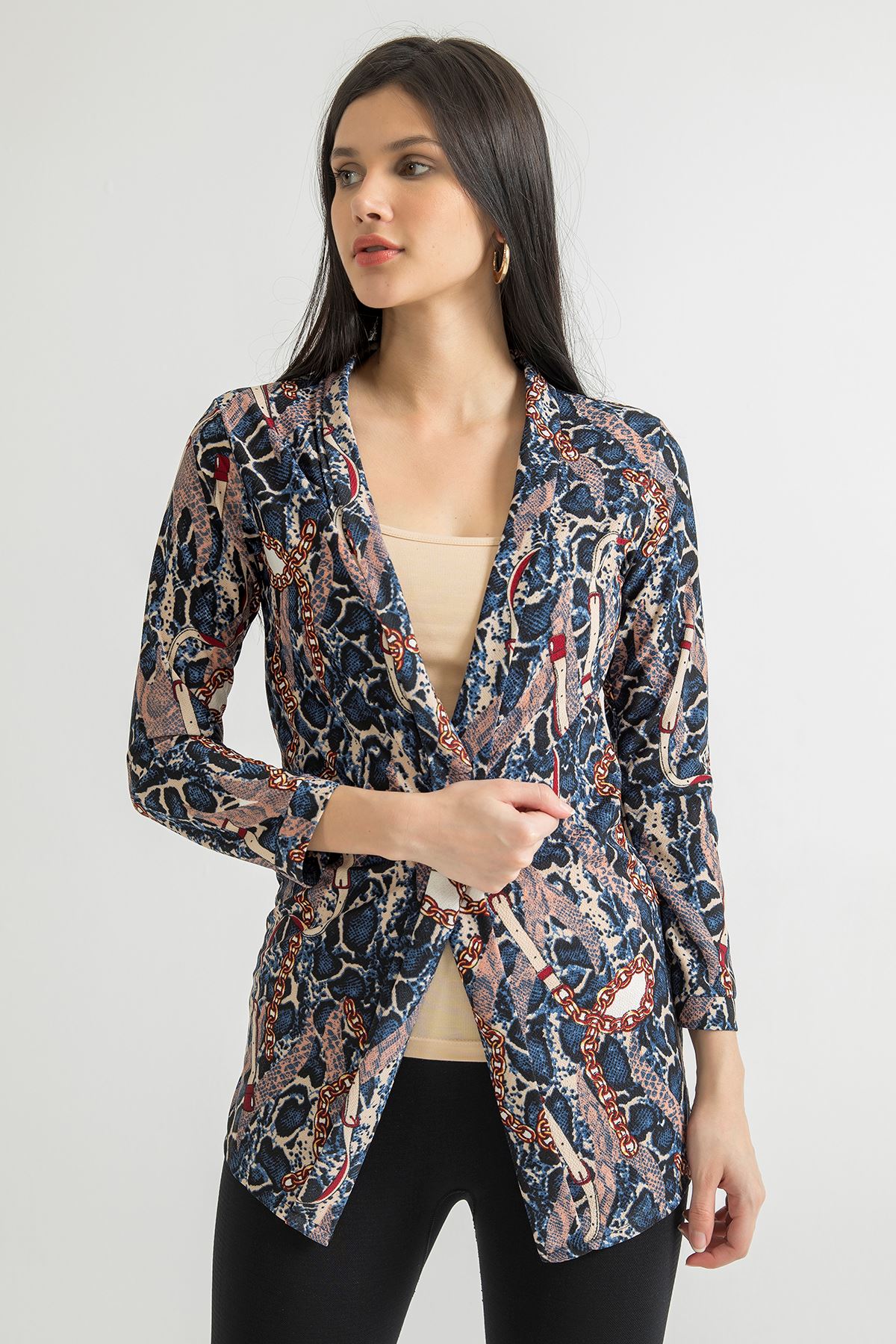 Zincir Desenli İnce Ceket-Lacivert