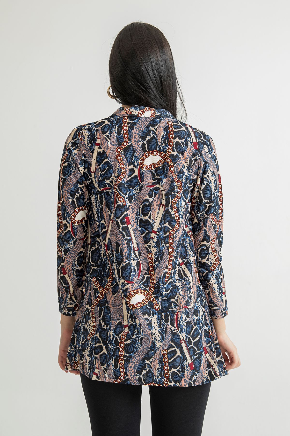 Zincir Desenli İnce Ceket-Lacivert