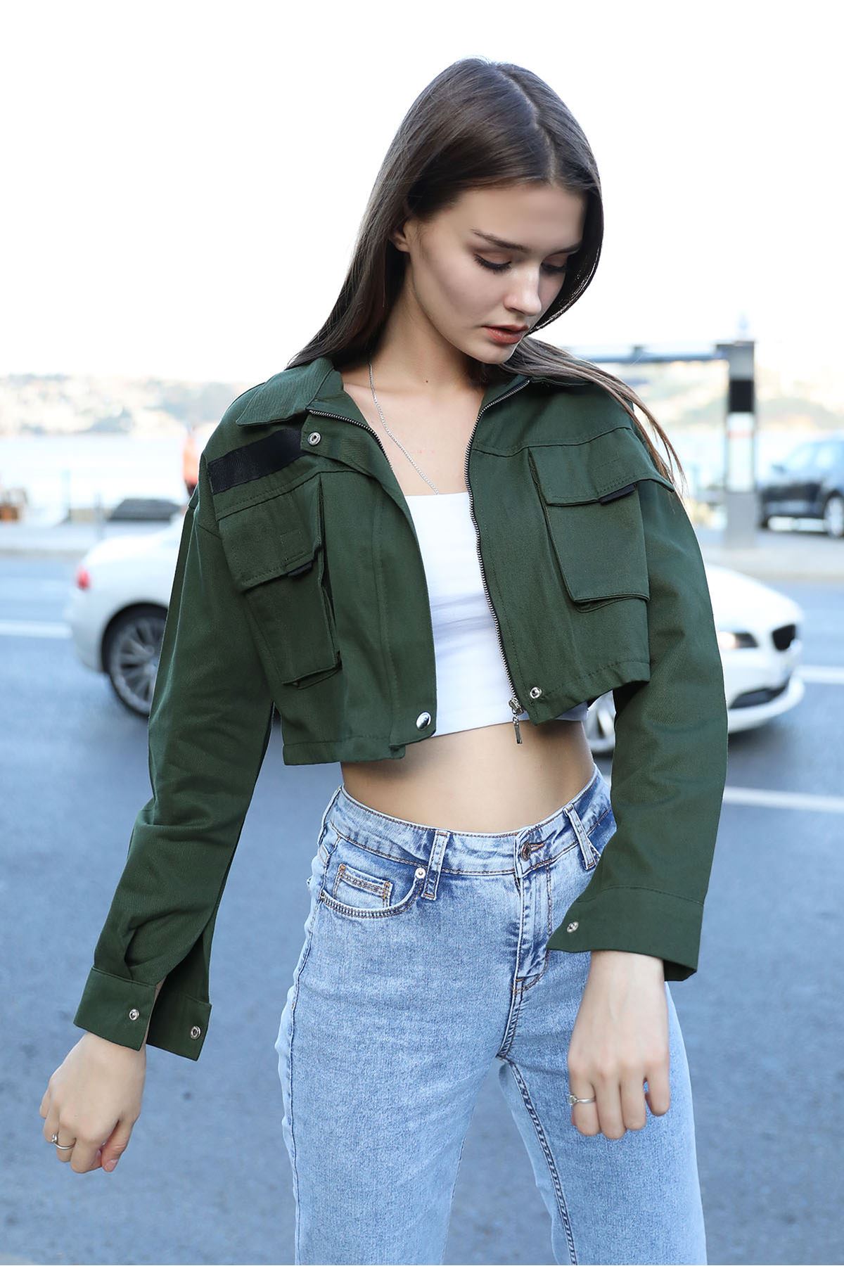 Cepli Kısa Ceket-Haki