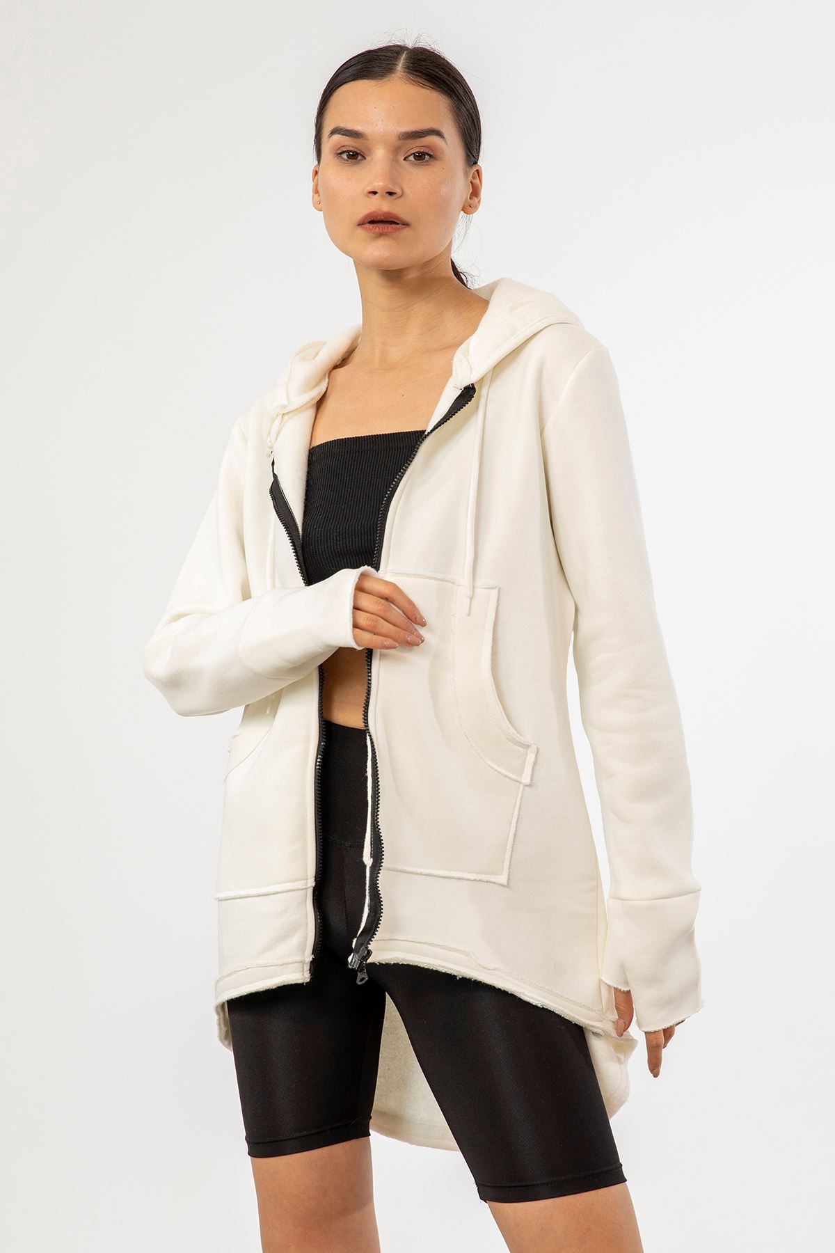Fermuarlı Sweatshirt-Ekru
