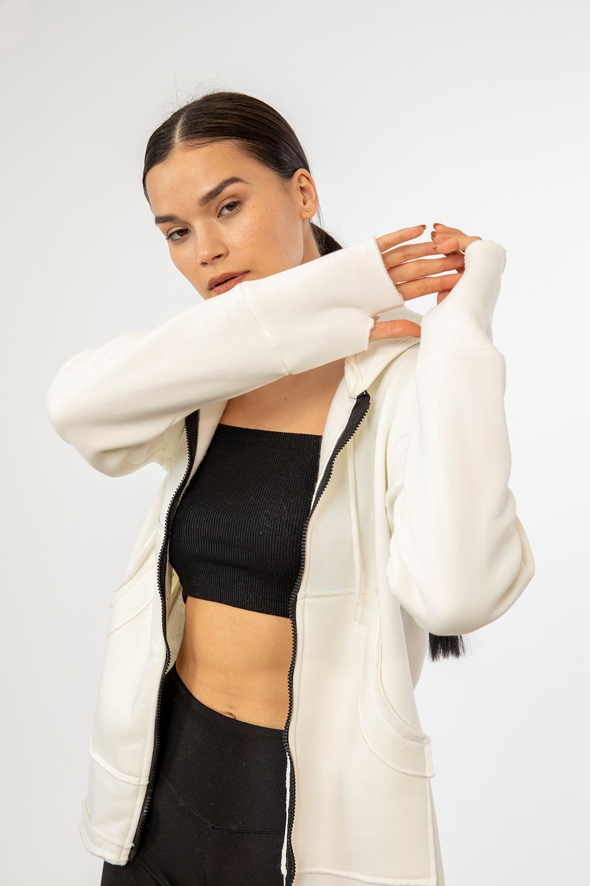 Fermuarlı Sweatshirt-Ekru
