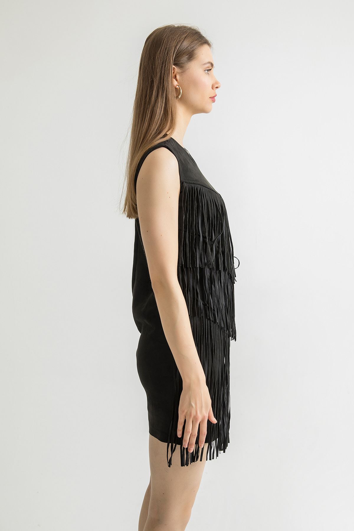 Püsküllü Süet Mini Elbise-Siyah