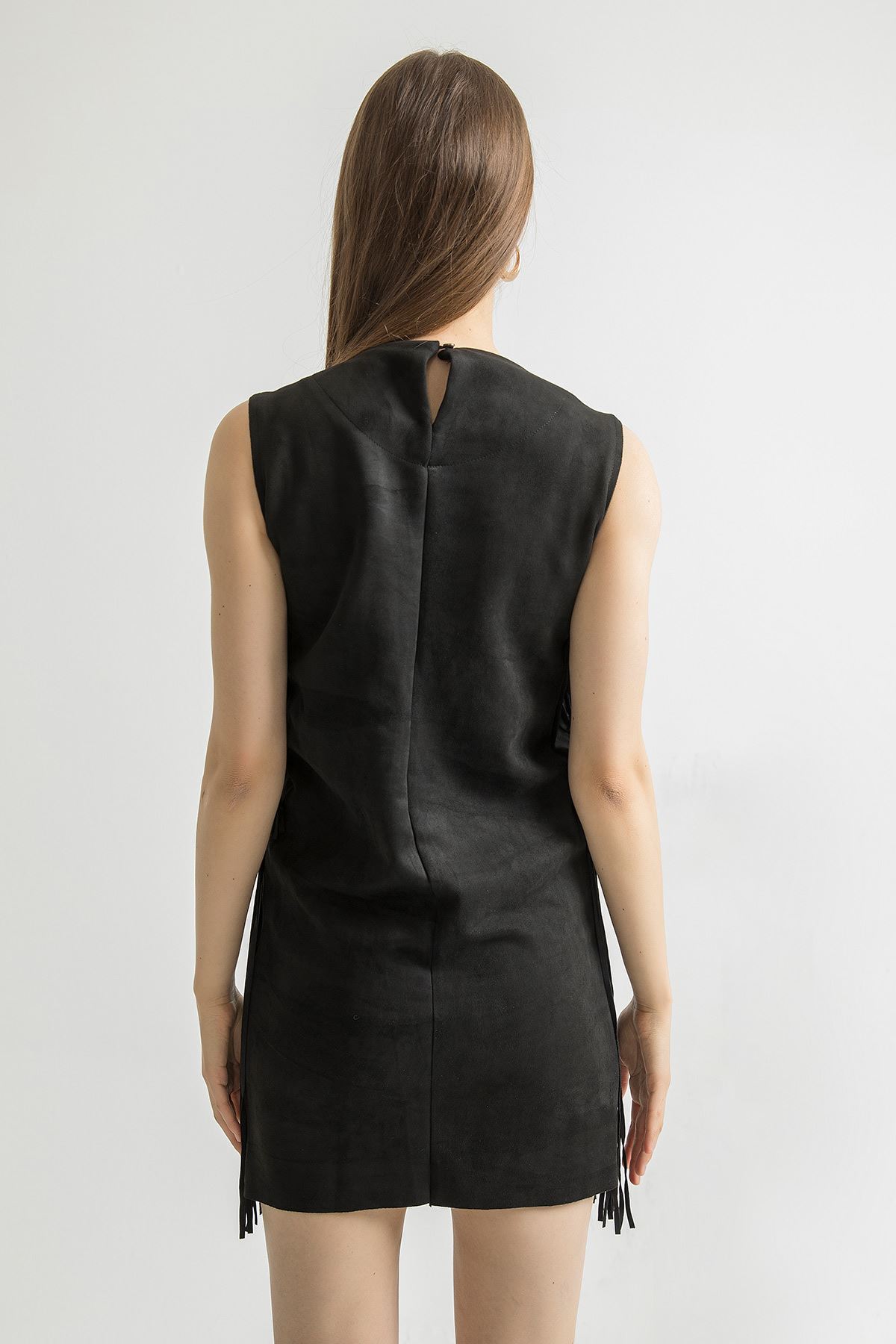 Püsküllü Süet Mini Elbise-Siyah