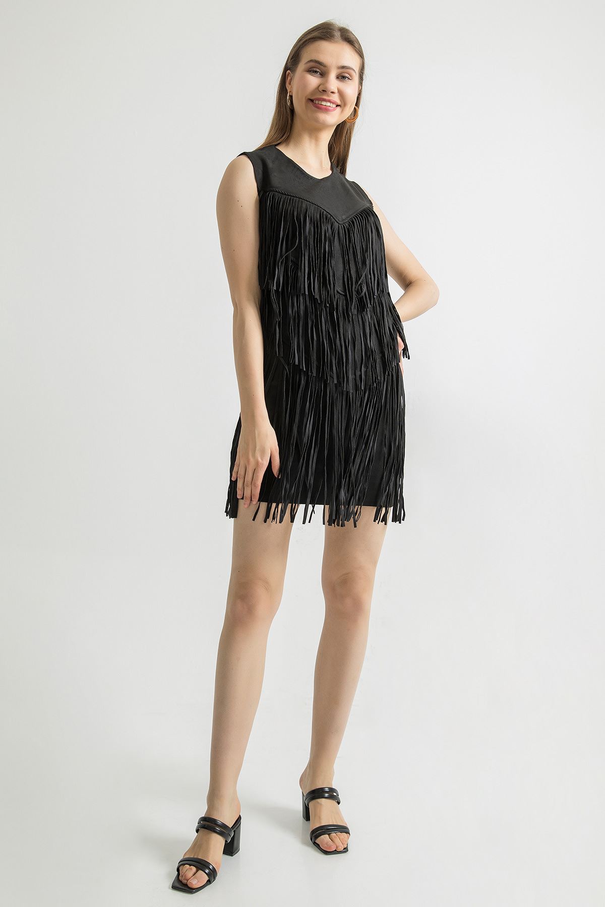 Püsküllü Süet Mini Elbise-Siyah