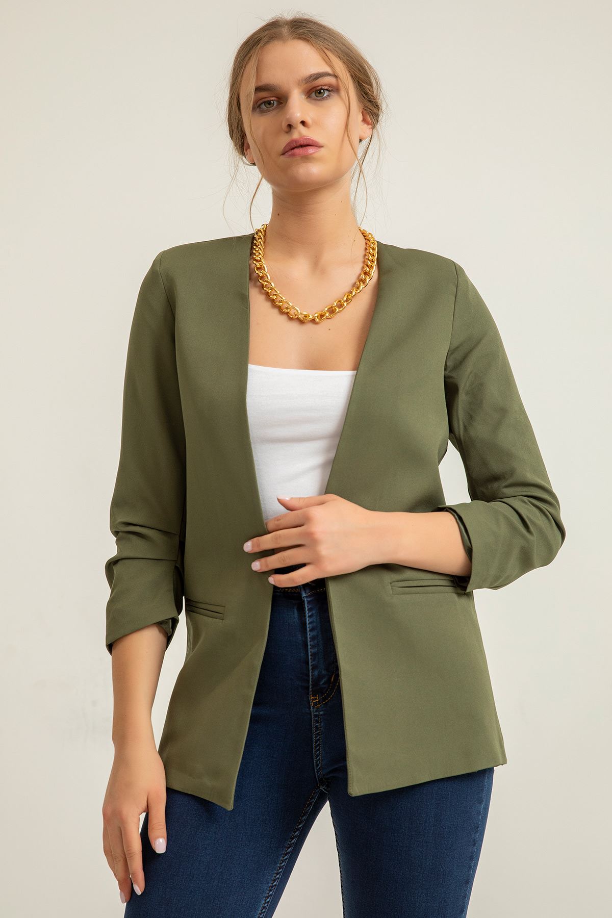 Kol Detay Atlas Kumaş Ceket-Haki