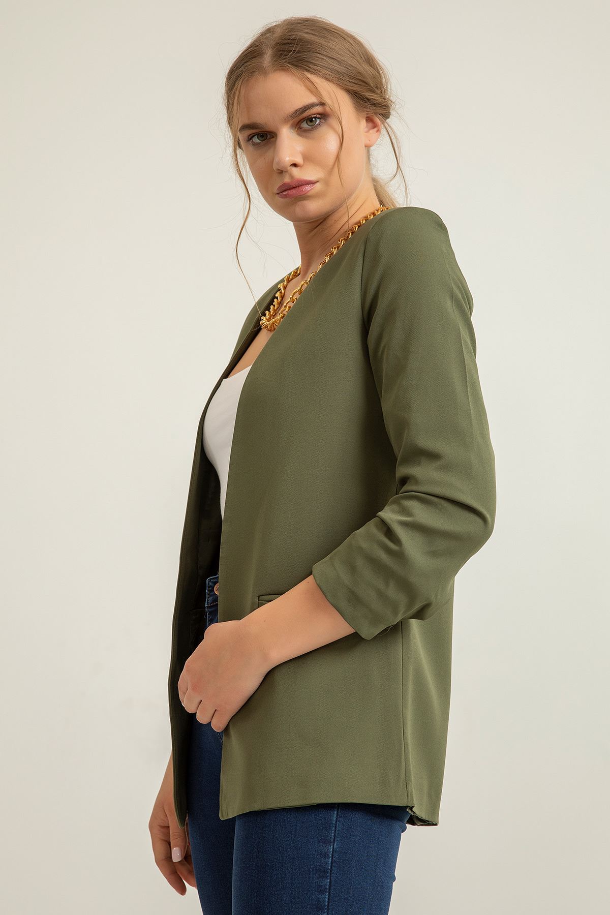 Kol Detay Atlas Kumaş Ceket-Haki