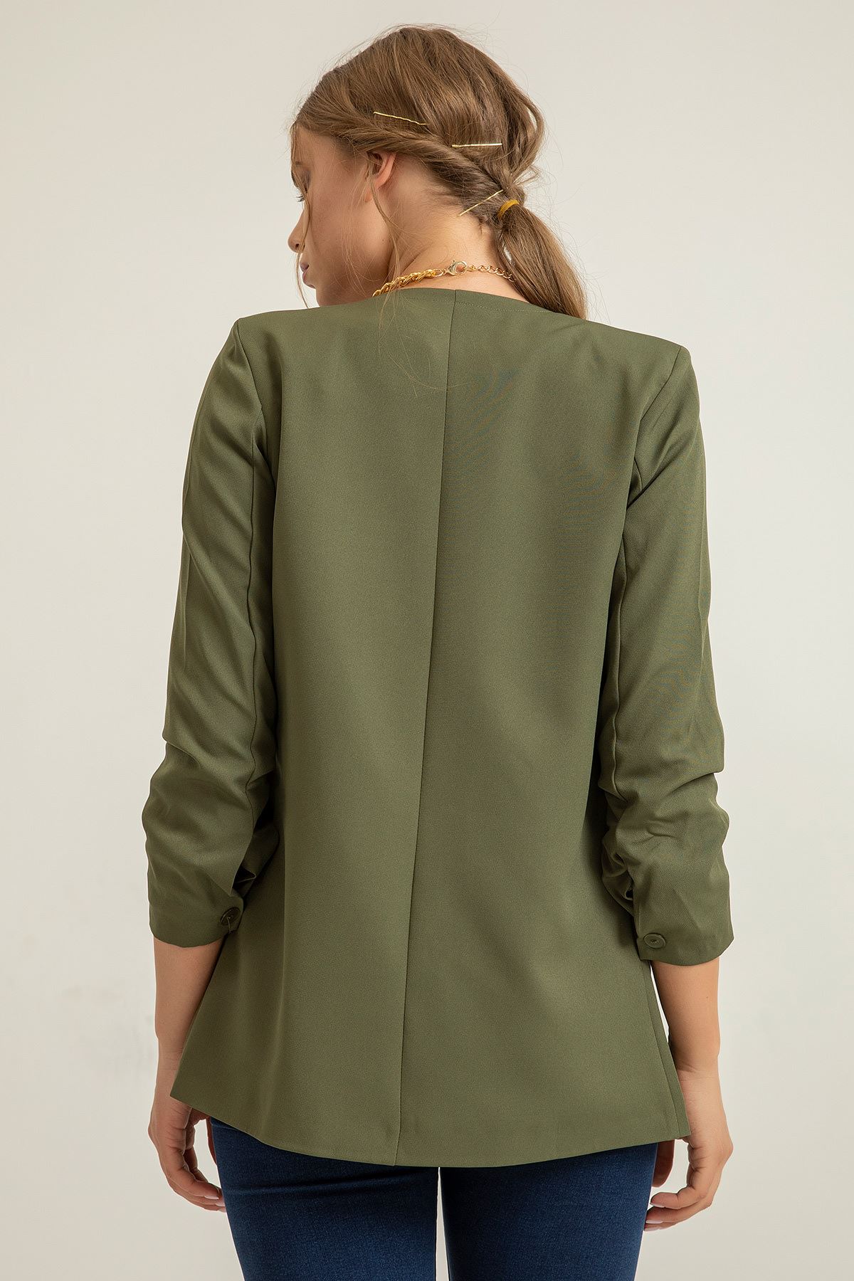 Kol Detay Atlas Kumaş Ceket-Haki