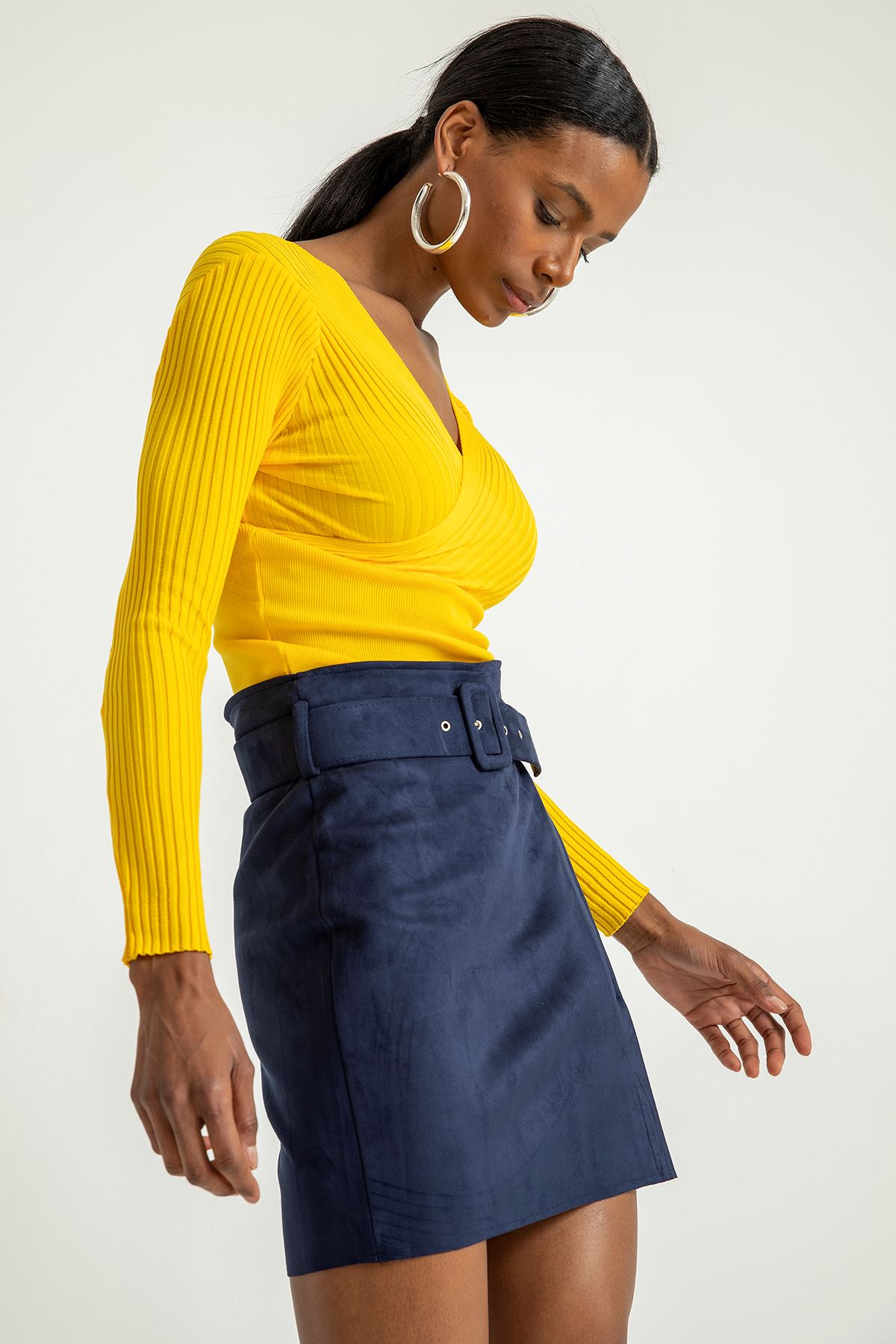 Kemerli Süet Mini Etek-Lacivert