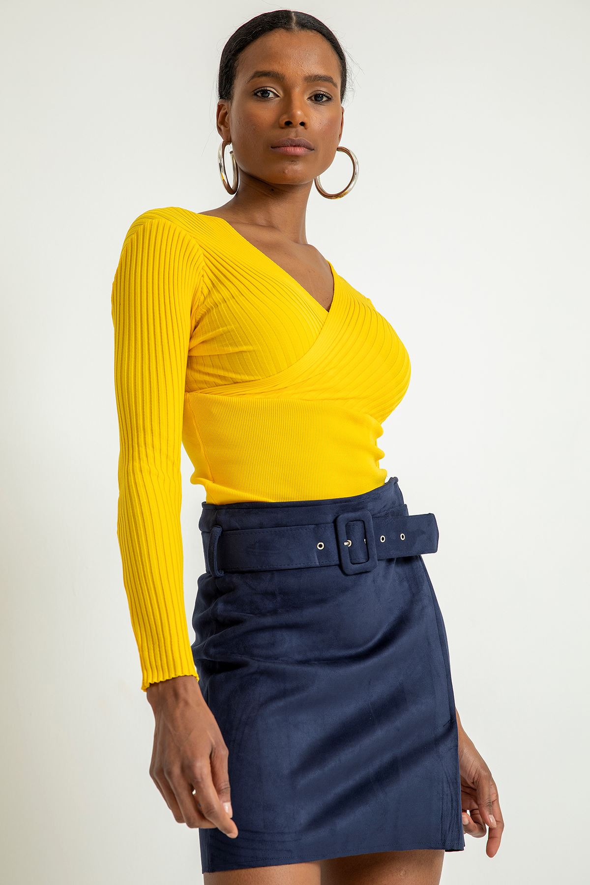 Kemerli Süet Mini Etek-Lacivert