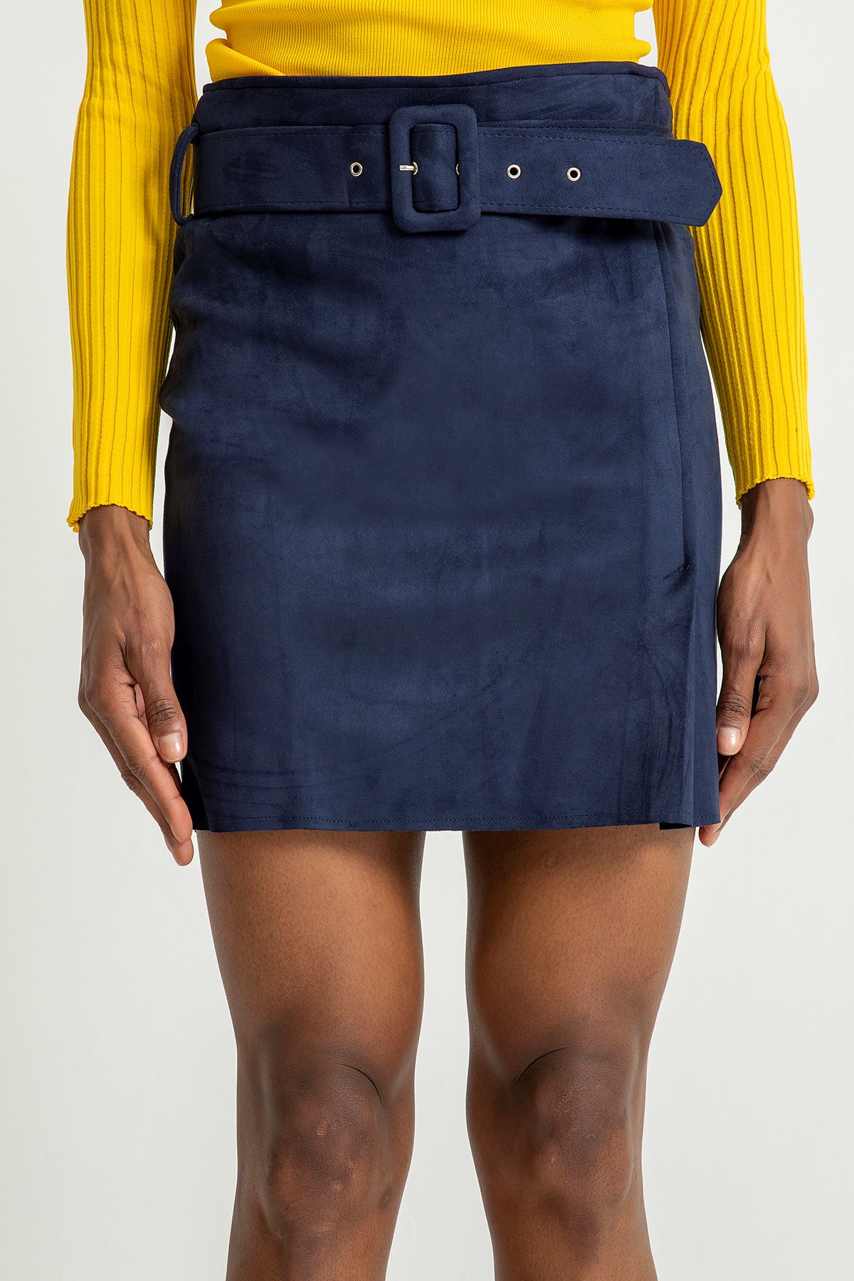 Kemerli Süet Mini Etek-Lacivert