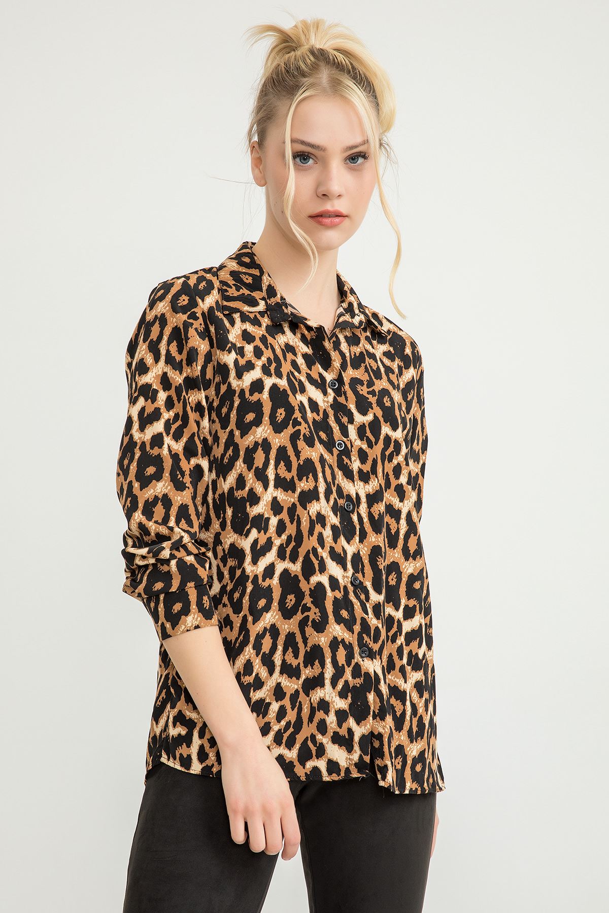 Leopar Desen Klasik Gömlek-Kahve