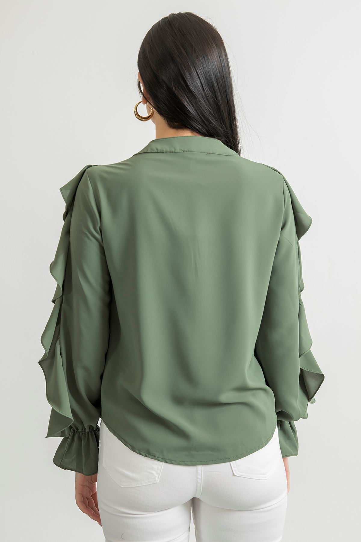 V Yaka Volanlı Gömlek-Haki