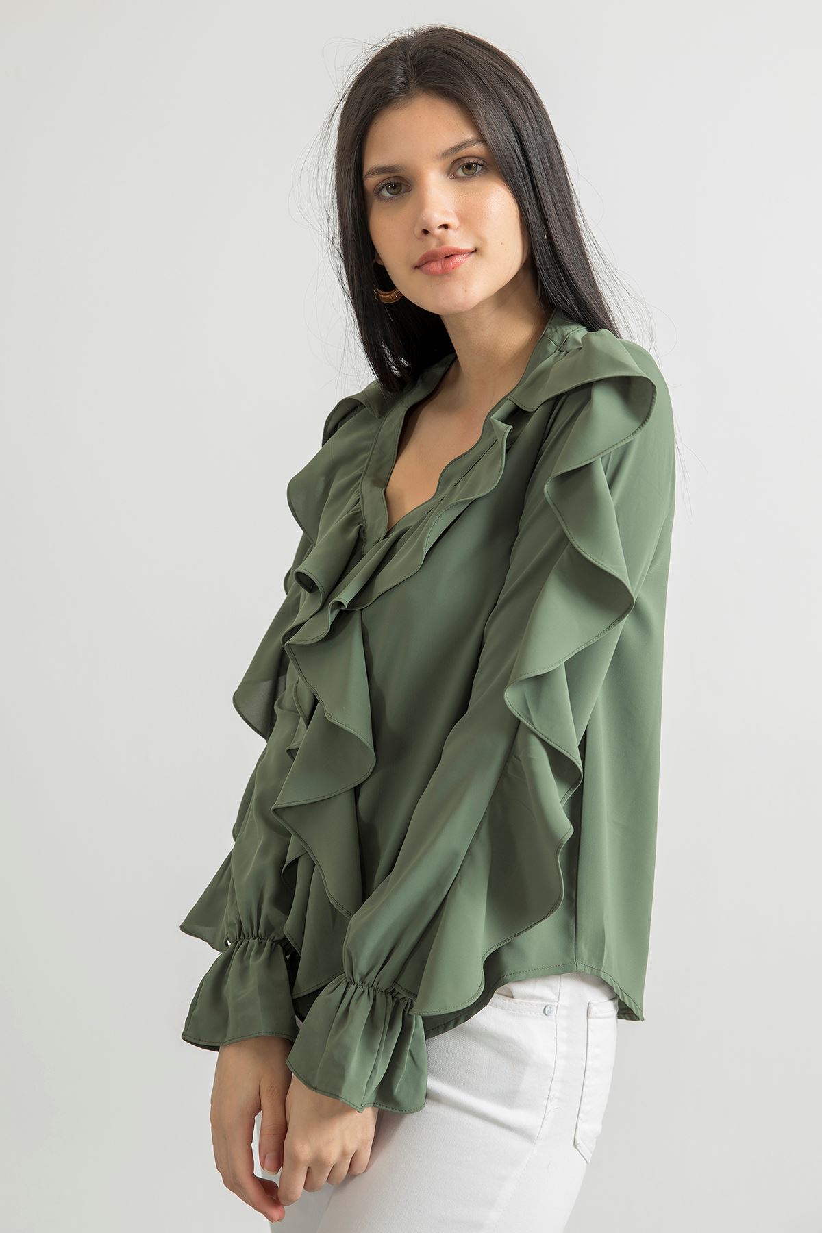 V Yaka Volanlı Gömlek-Haki