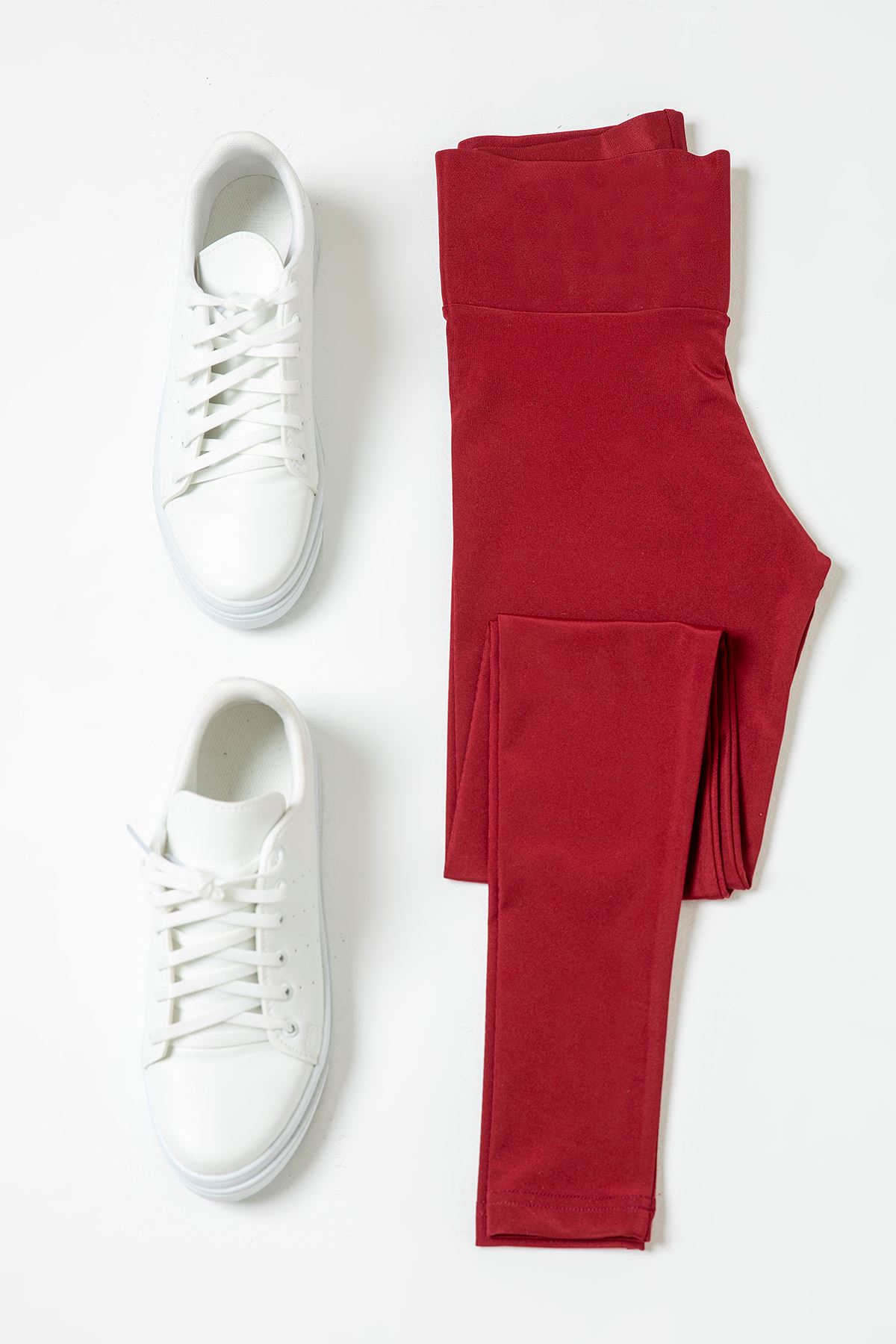 Geniş Kemerli Parlak Tayt-Bordo