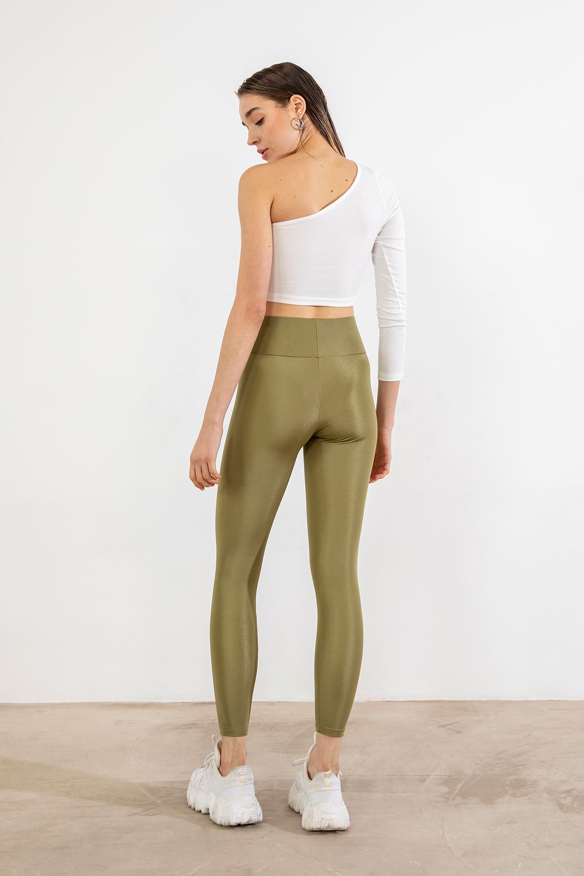 Geniş Kemerli Parlak Tayt-Yeşil