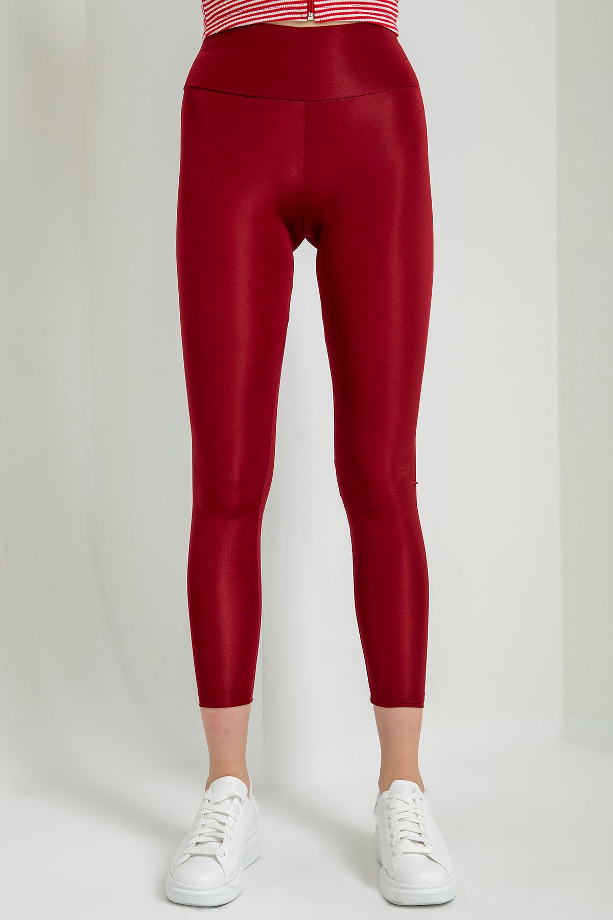 Geniş Kemerli Parlak Tayt-Bordo