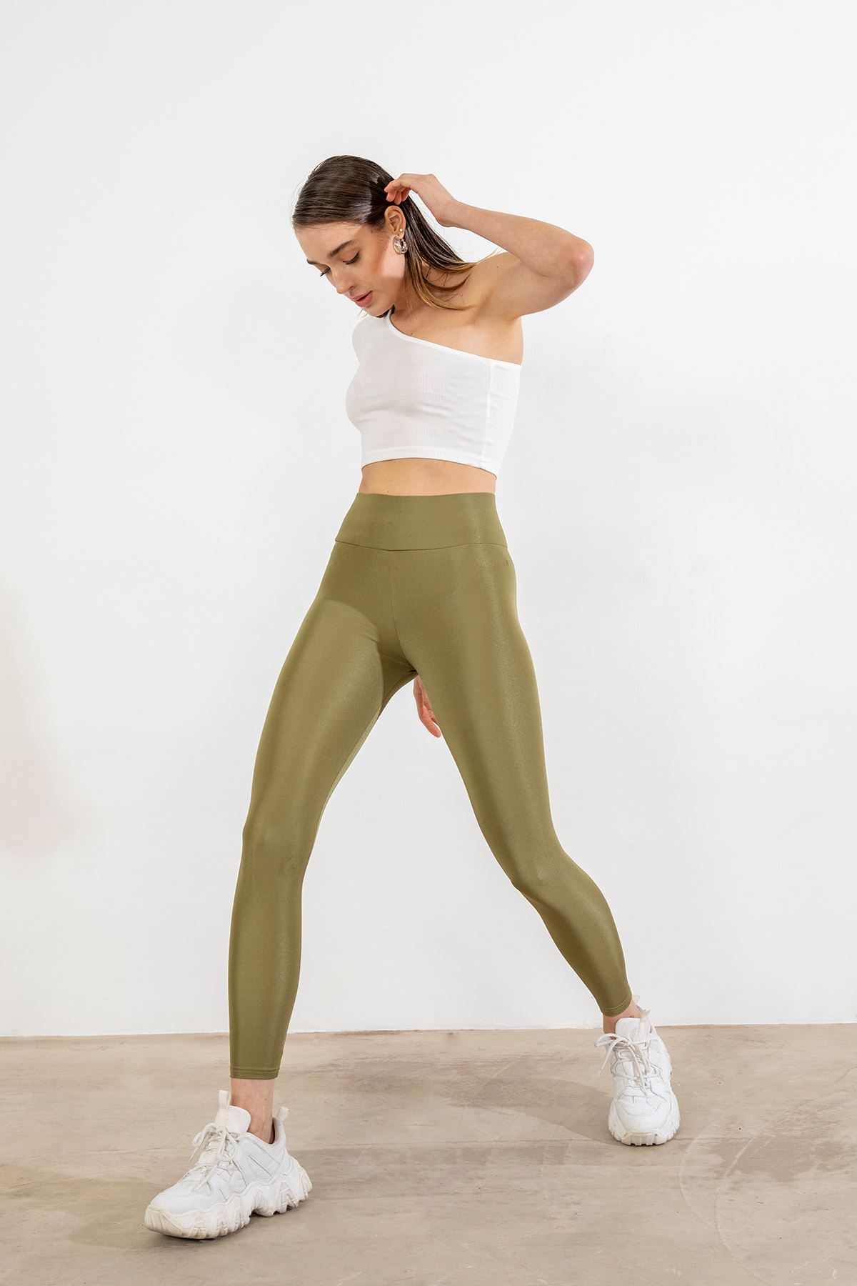 Geniş Kemerli Parlak Tayt-Yeşil