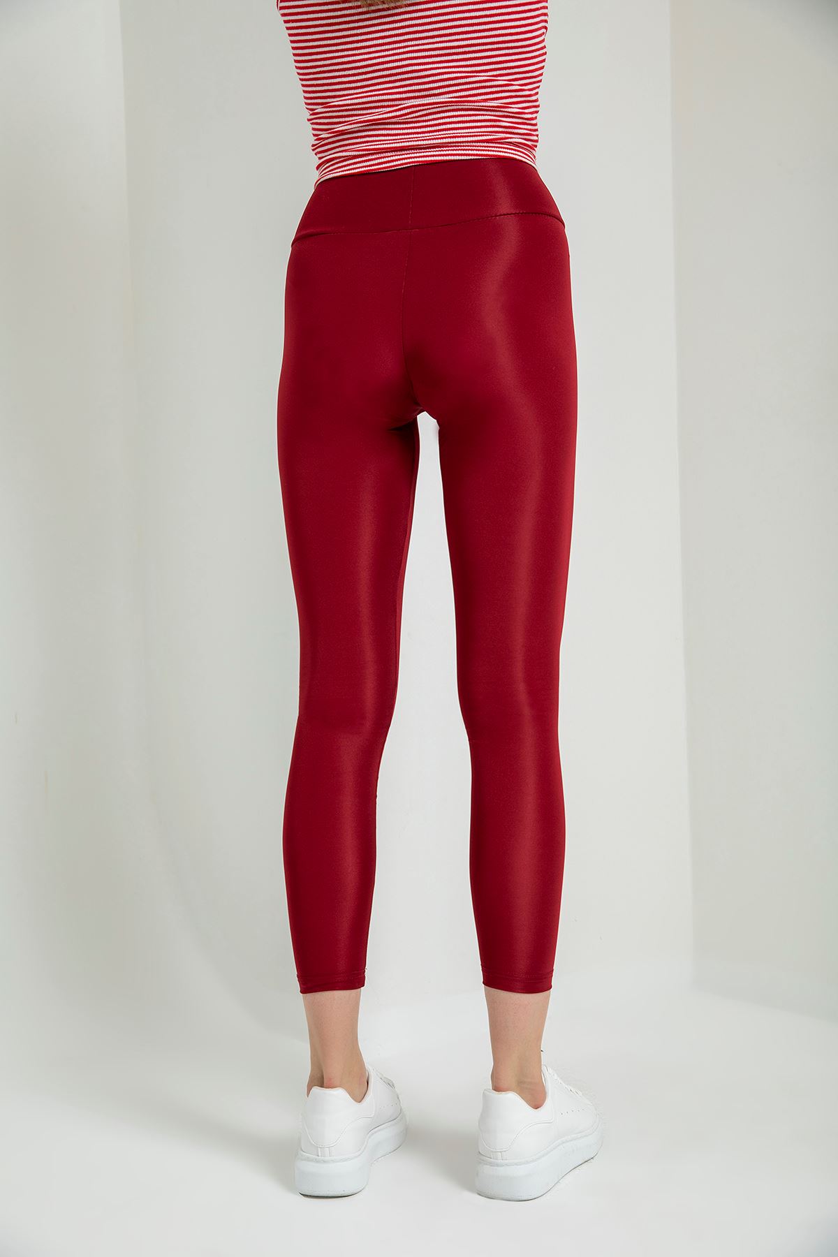 Geniş Kemerli Parlak Tayt-Bordo