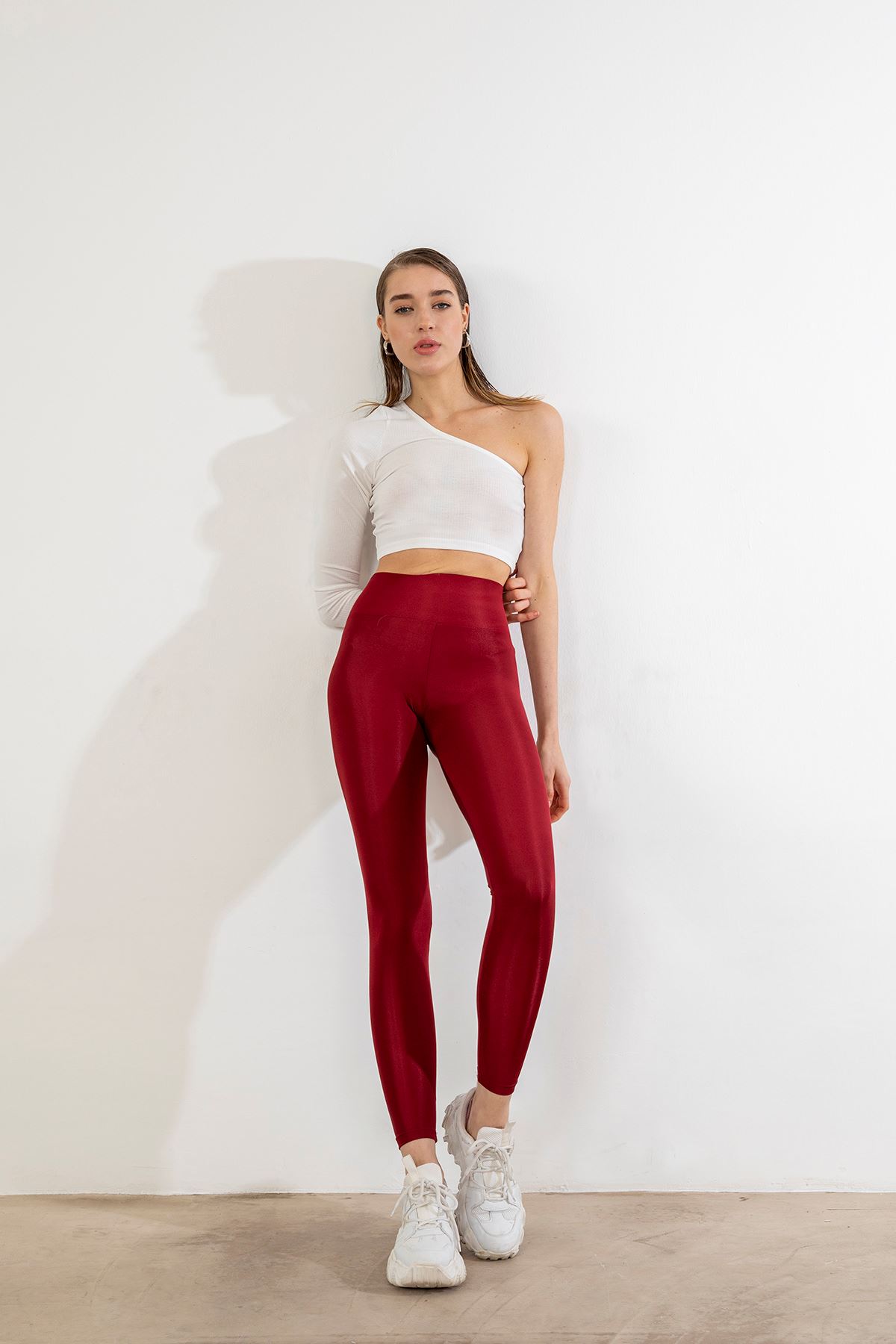 Geniş Kemerli Parlak Tayt-Bordo